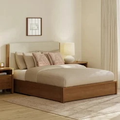 Cassie Queen Upholstered Storage Bed - Smoked Oak and Taupe Chenille