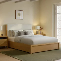 Cassie Queen Upholstered Storage Bed - Natural Oak and Ivory Chenille