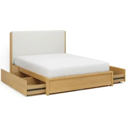 Cassie Queen Upholstered Storage Bed - Natural Oak and Ivory Chenille