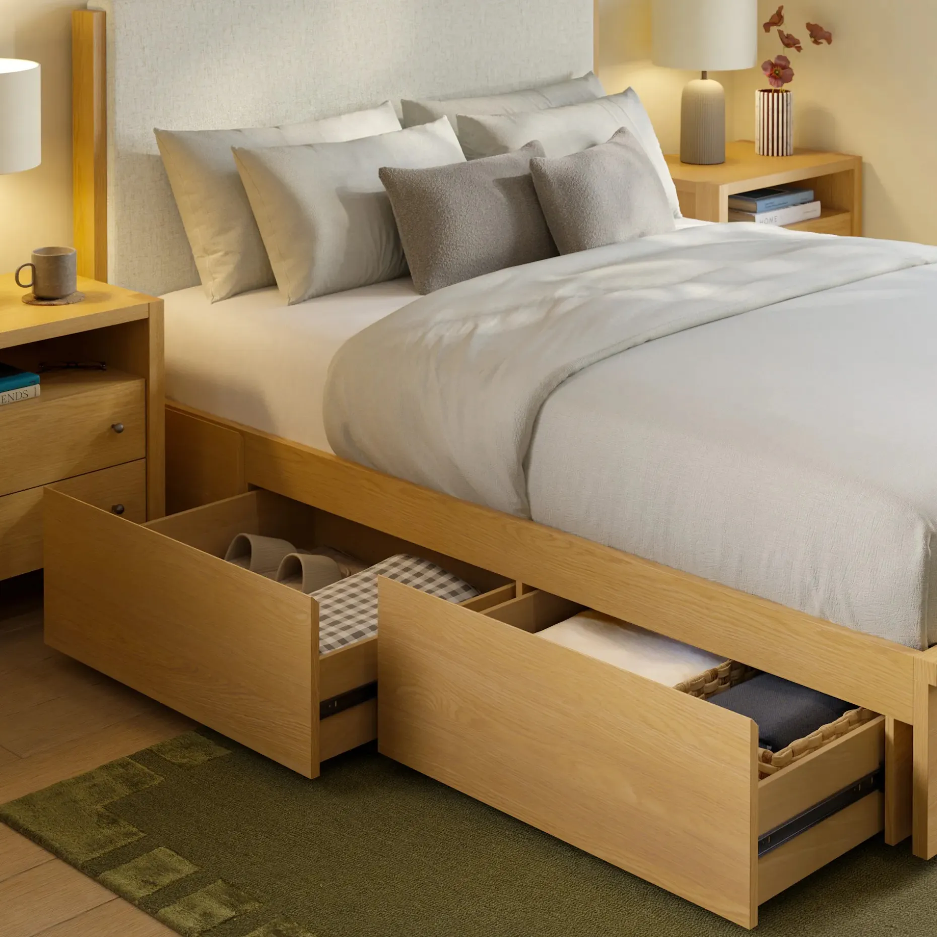 Cassie Queen Upholstered Storage Bed - Natural Oak and Ivory Chenille