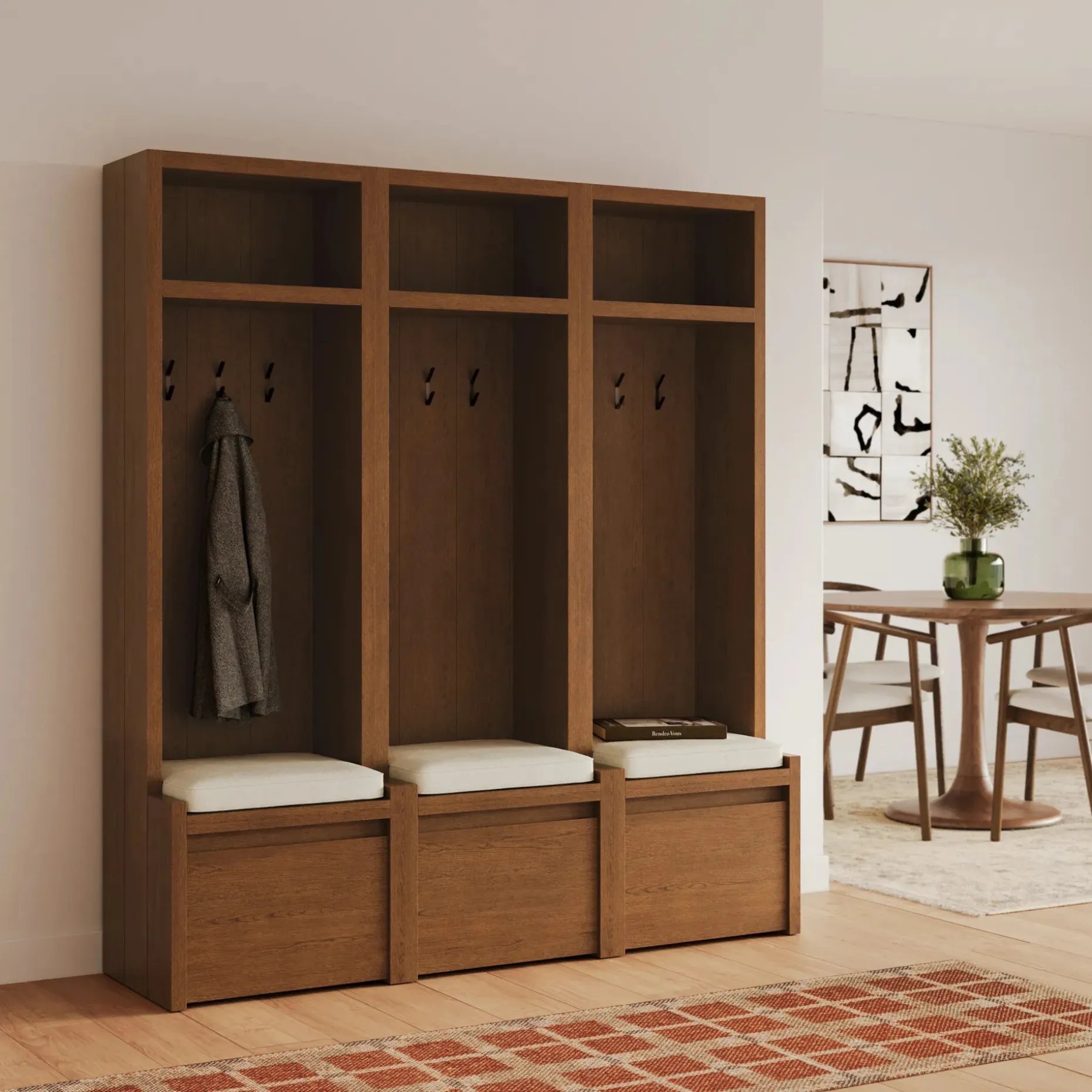 Cassie 66" Three-Piece Hall Tree Set - Smoked Oak and Taupe Chenille