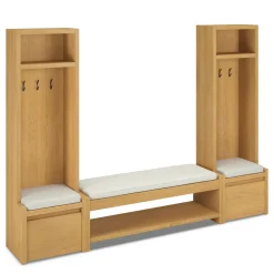 Cassie 100" Two-Piece Hall Tree and Bench Set - Natural Oak and Ivory Chenille