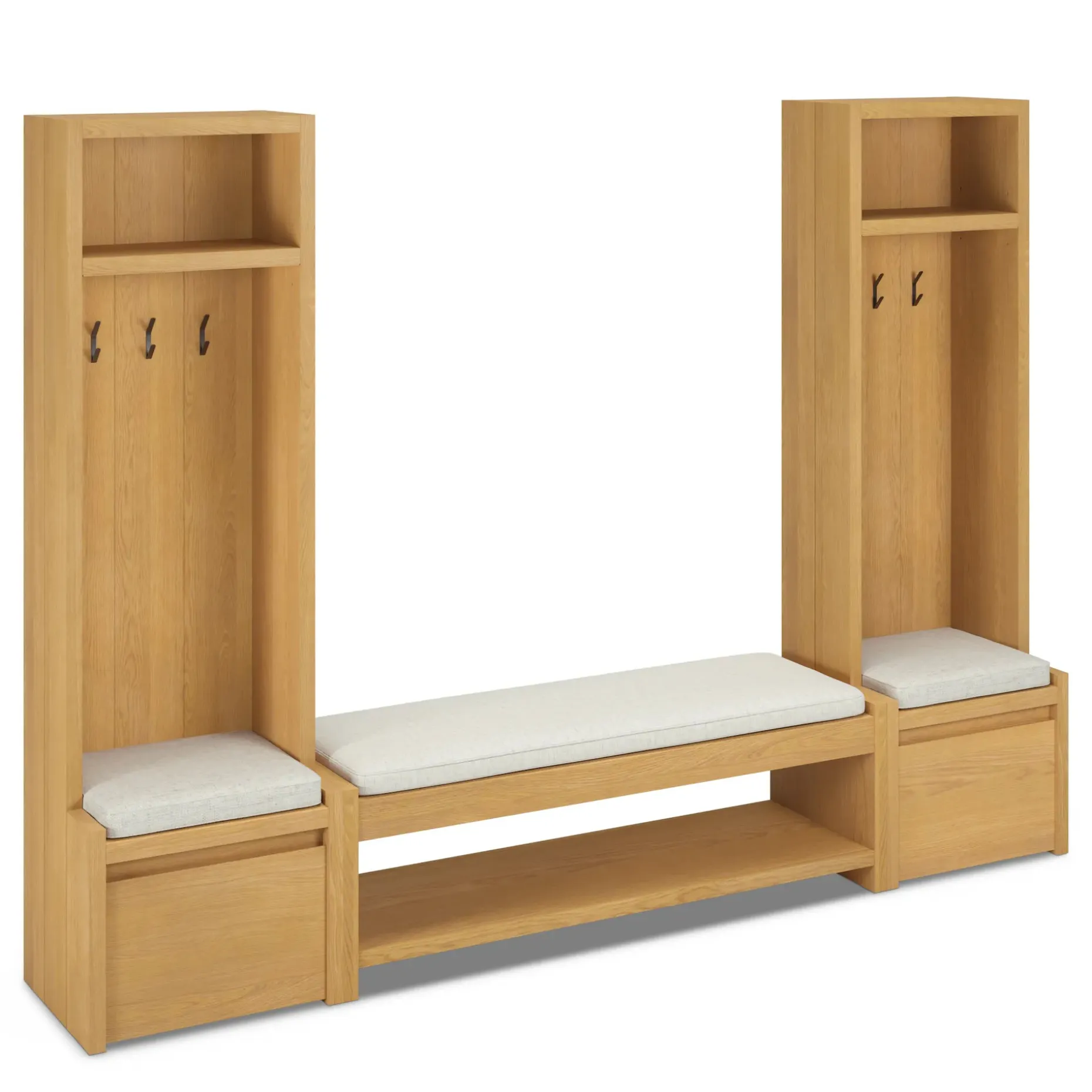 Cassie 100" Two-Piece Hall Tree and Bench Set - Natural Oak and Ivory Chenille