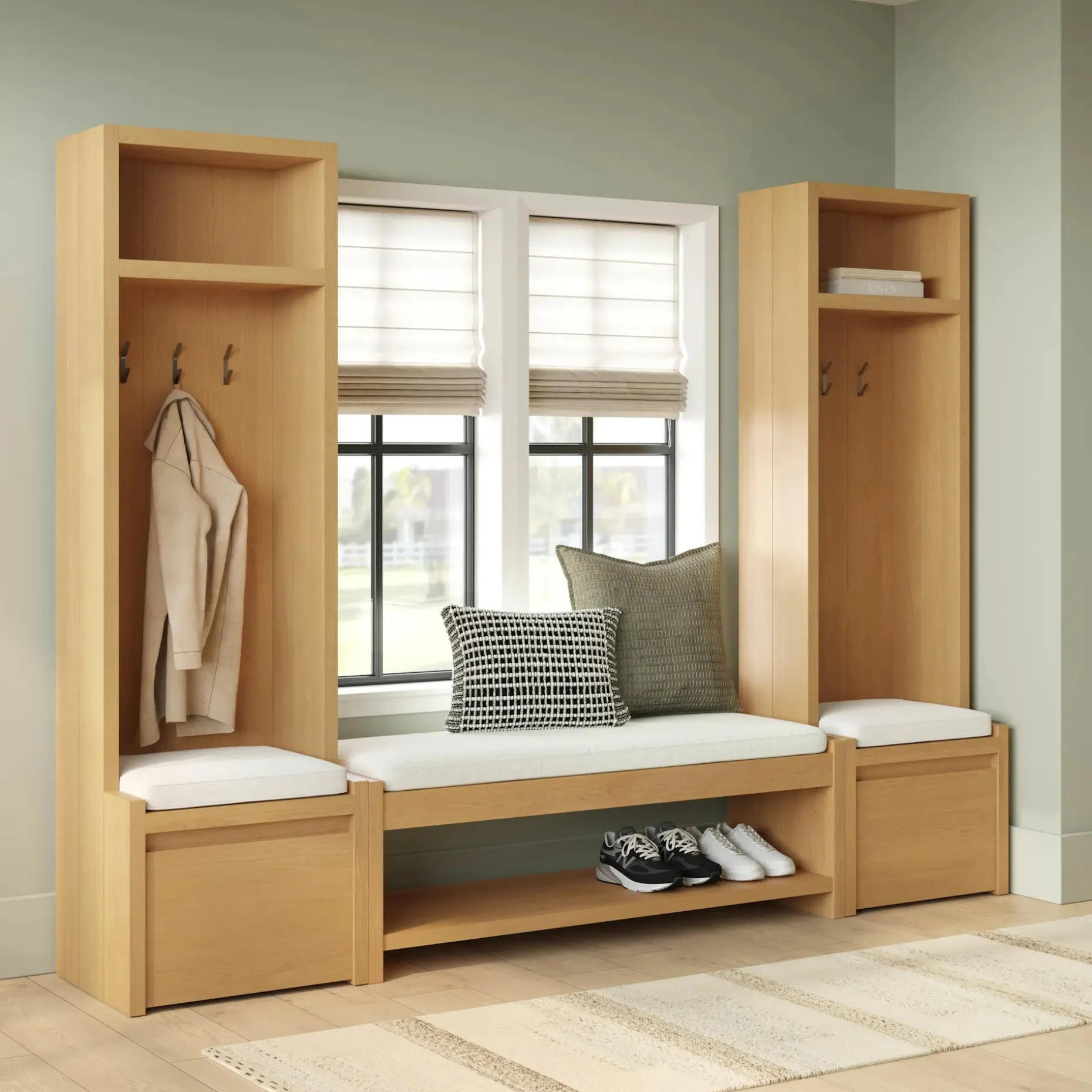 Cassie 100" Two-Piece Hall Tree and Bench Set - Natural Oak and Ivory Chenille