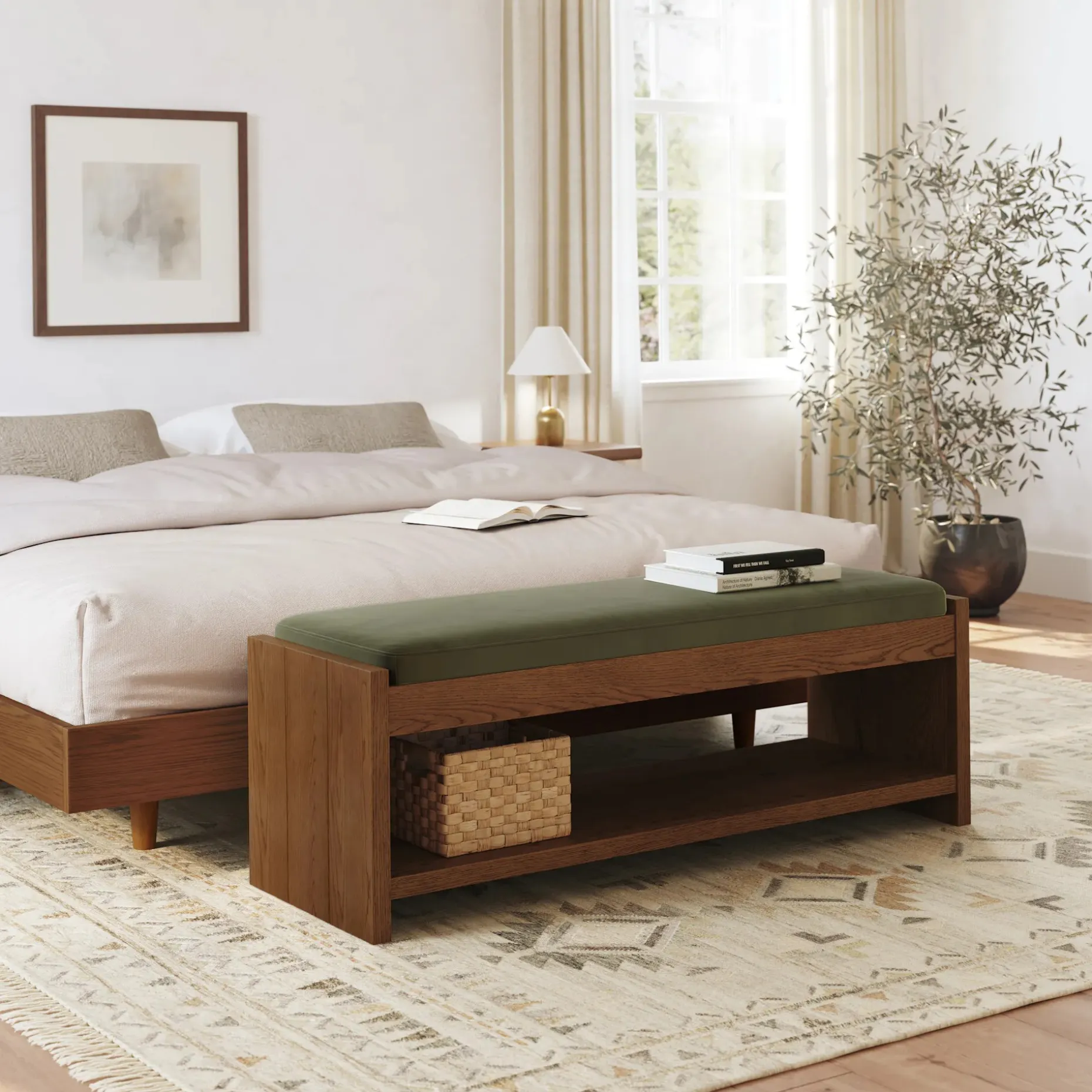 Cassie 56" Velvet Bench - Smoked Oak and Hale Fir Green
