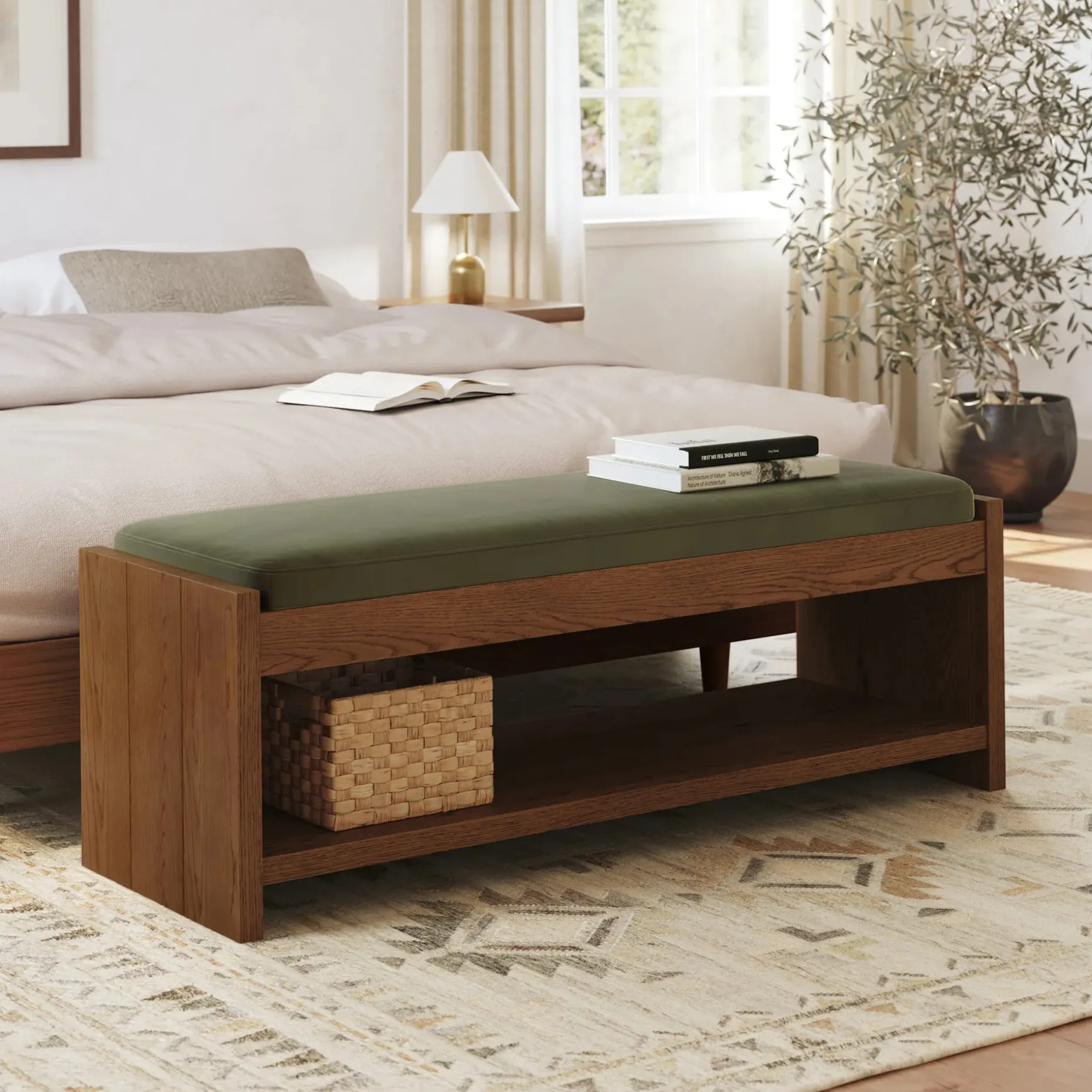 Cassie 56" Velvet Bench - Smoked Oak and Hale Fir Green