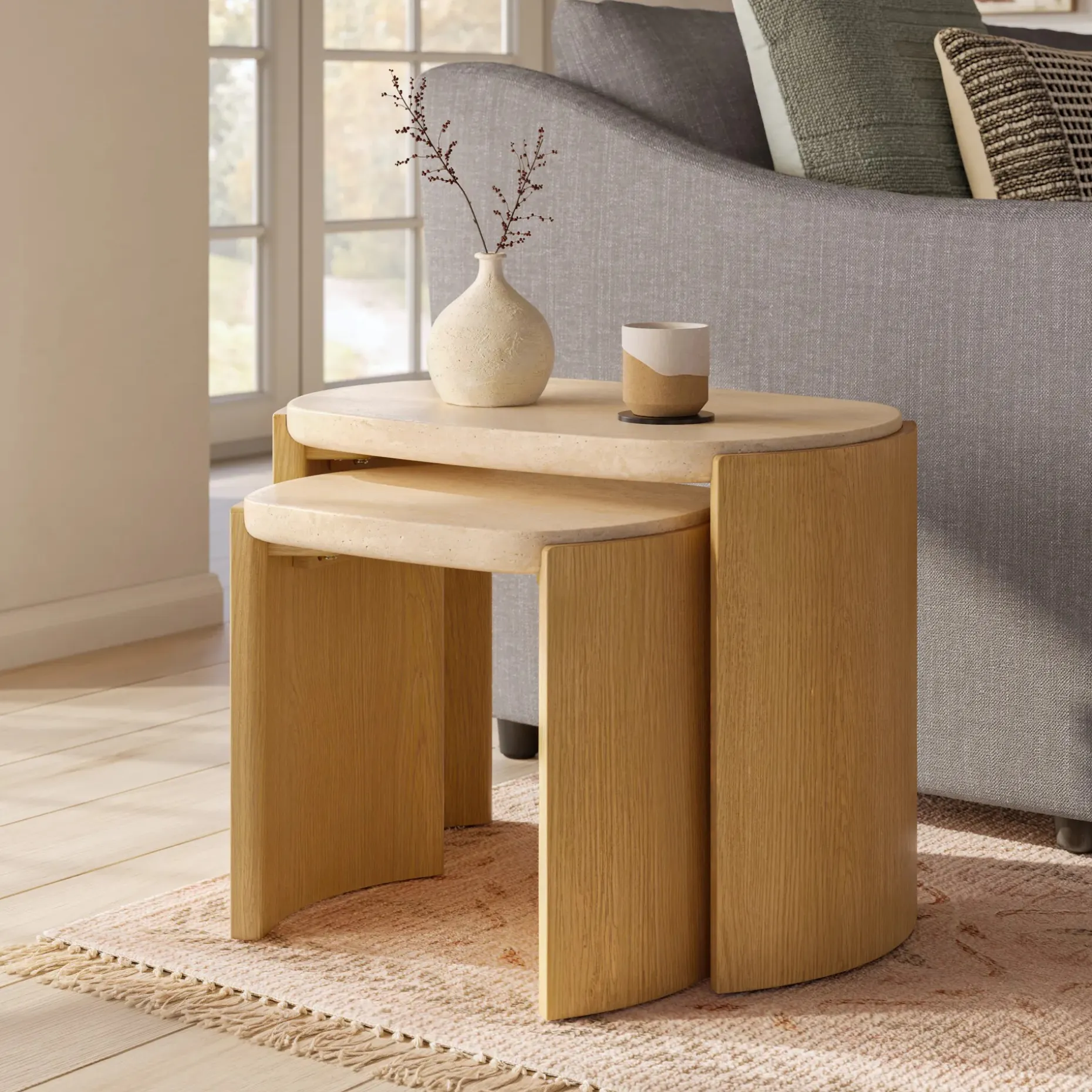 Isla 25" Travertine Nesting Side Tables - Natural Oak