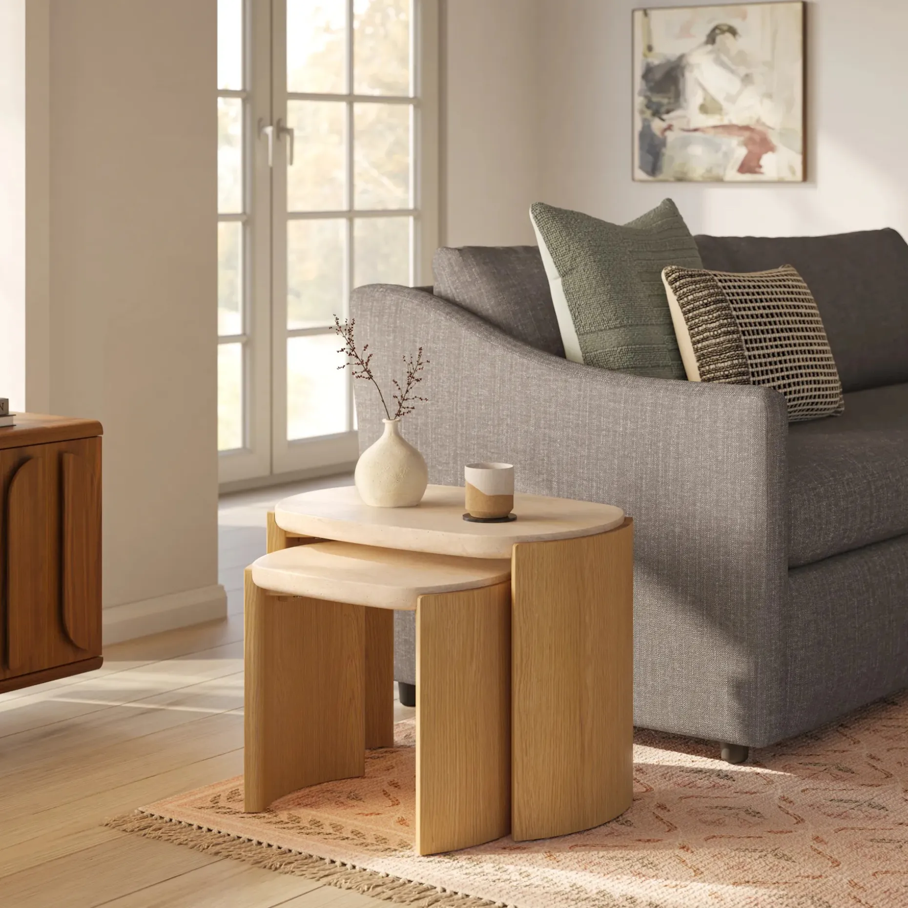 Isla 25" Travertine Nesting Side Tables - Natural Oak