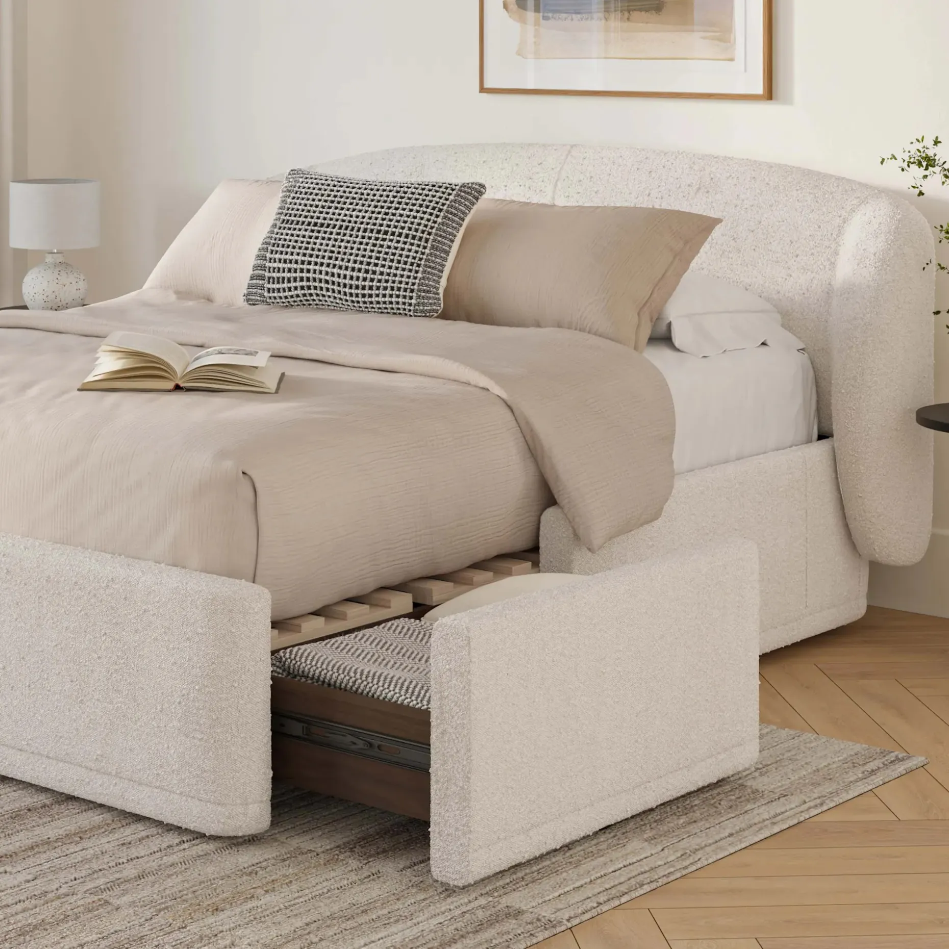 Kayra King Upholstered Storage Bed - Ivory Bouclé