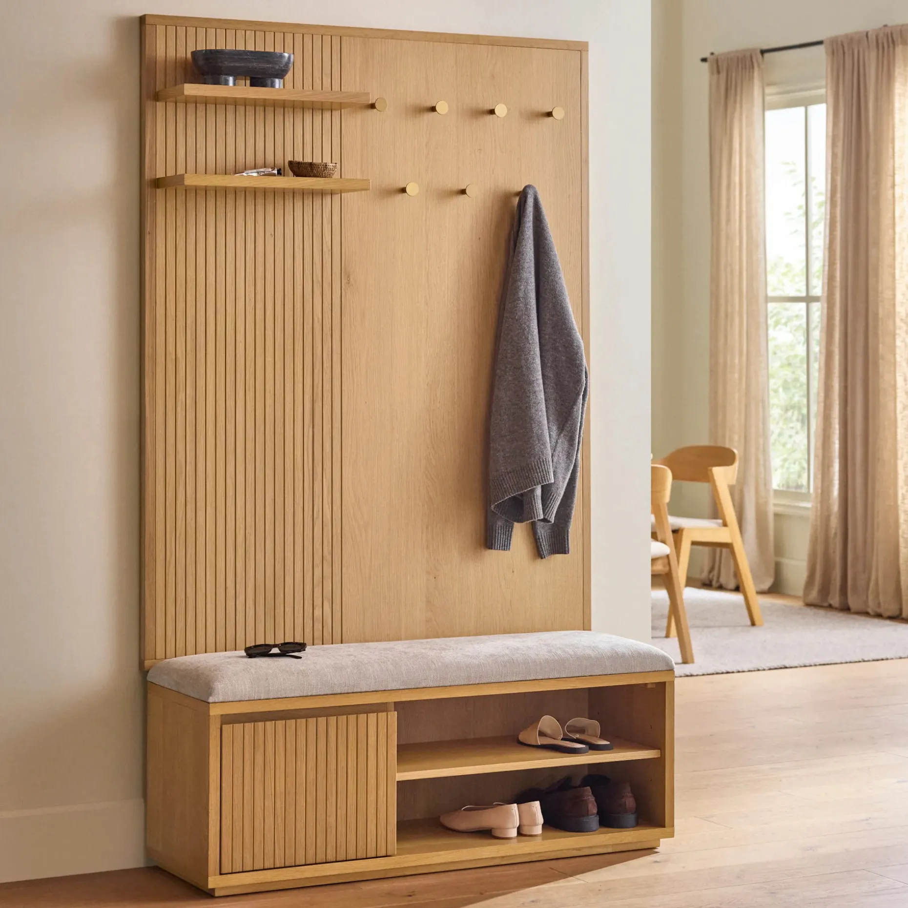 Kouva 47" Bench and Wall Panel Storage Set - Natural Oak and Santolina Gray