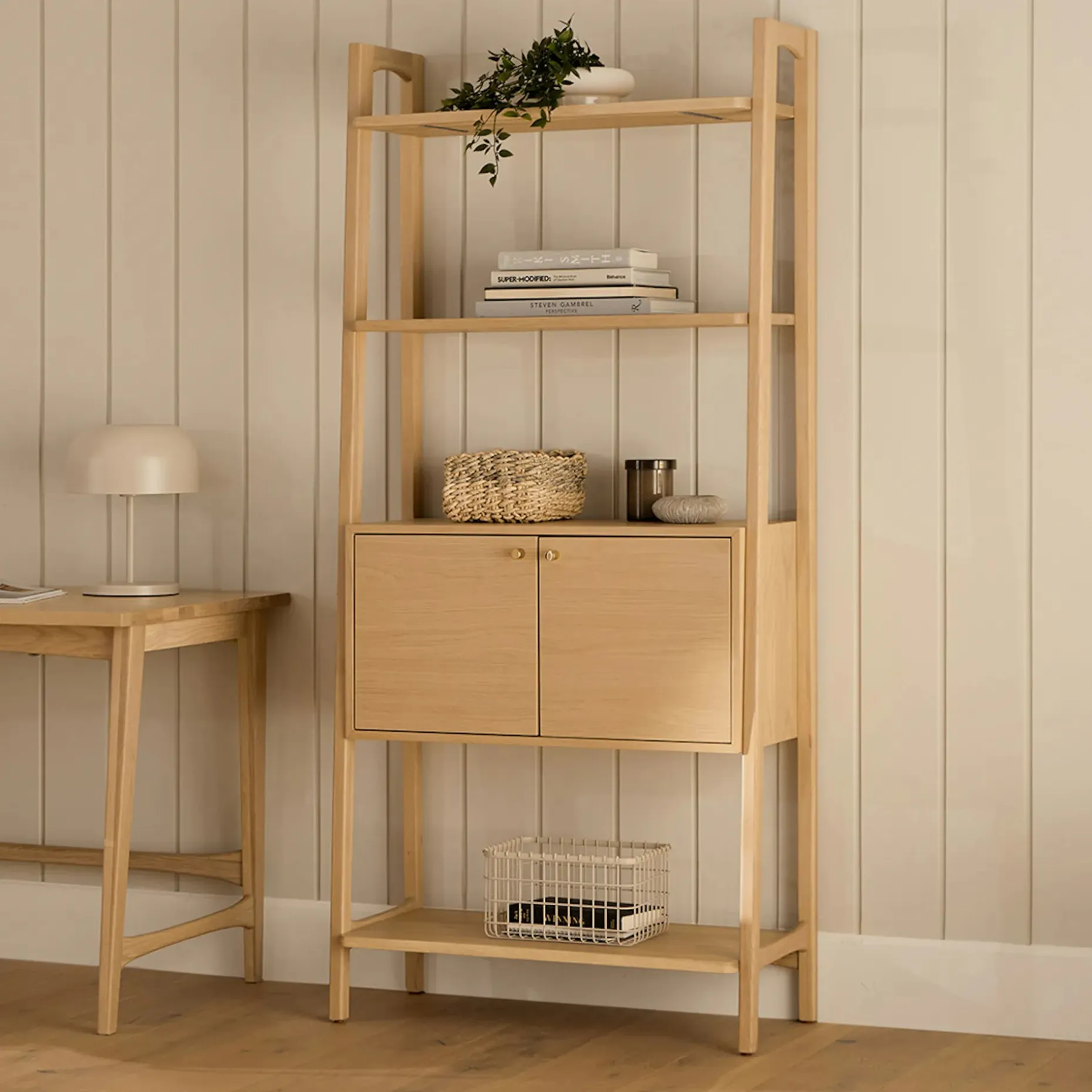 Krossa 31.5" Shelving Unit with Storage - White Oak