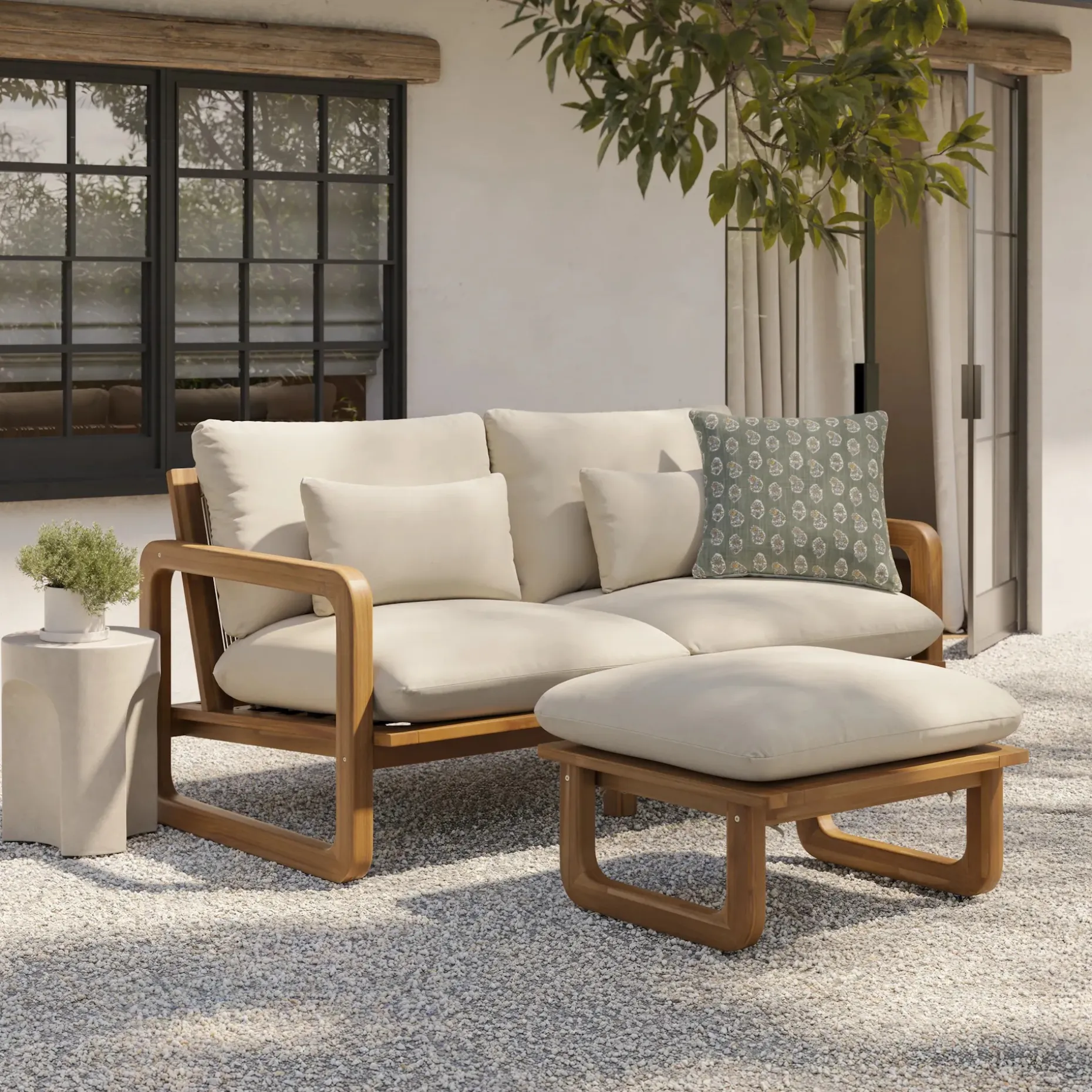 Laholm 70" Outdoor Loveseat and Ottoman Set - Dravite Ivory