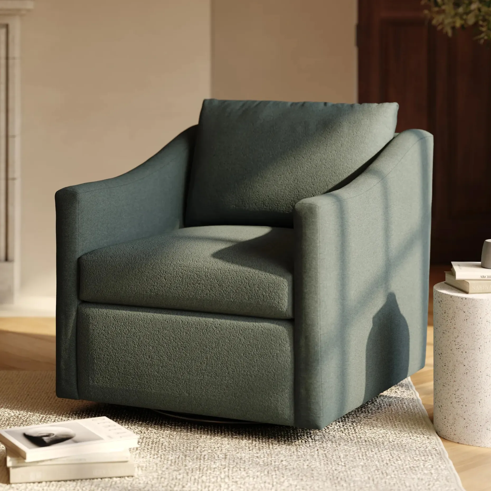 Landry 32.25" Swivel Lounge Chair - Green Wool Bouclé