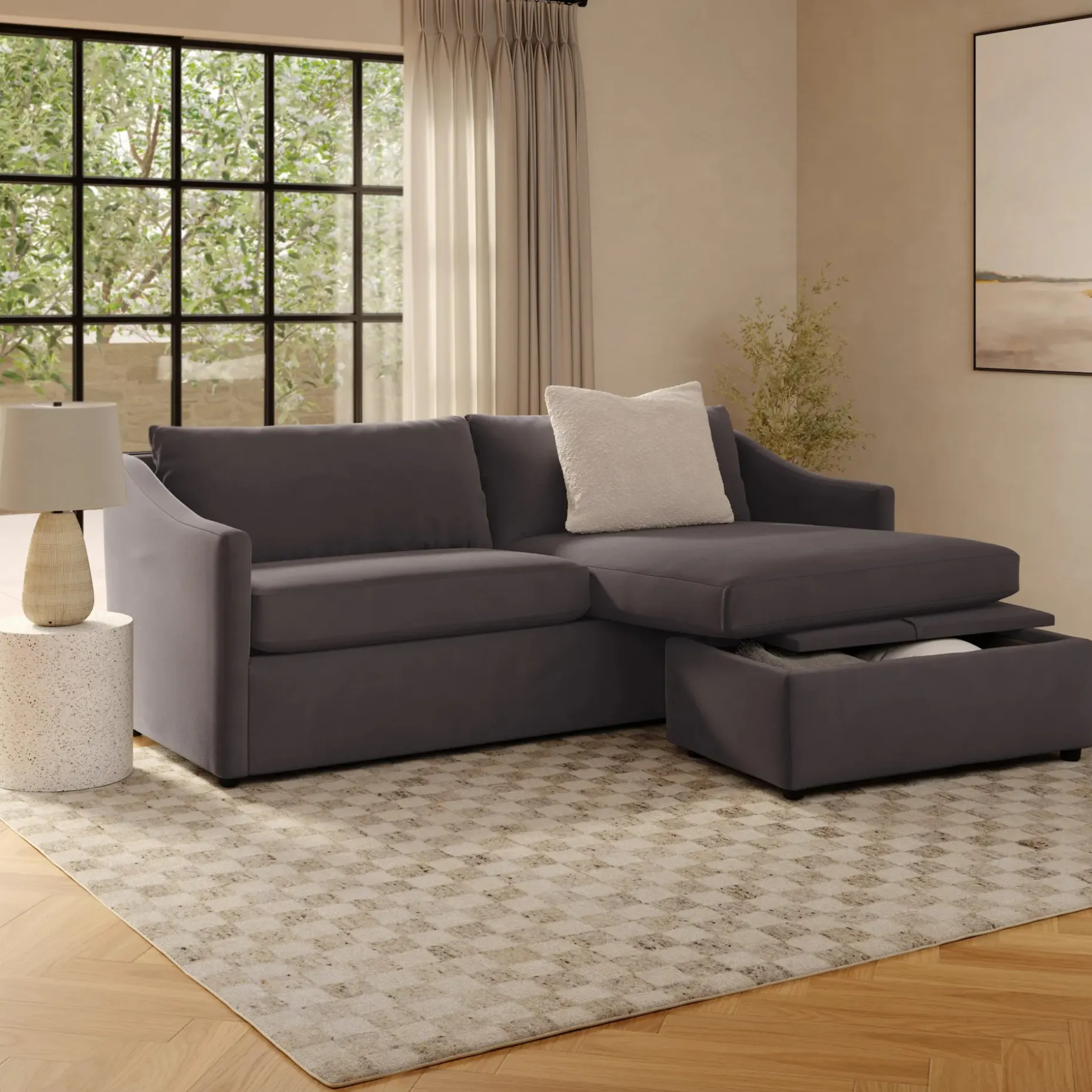 Landry 84.5" Velvet Reversible Storage Sectional - Hale Warm Gray