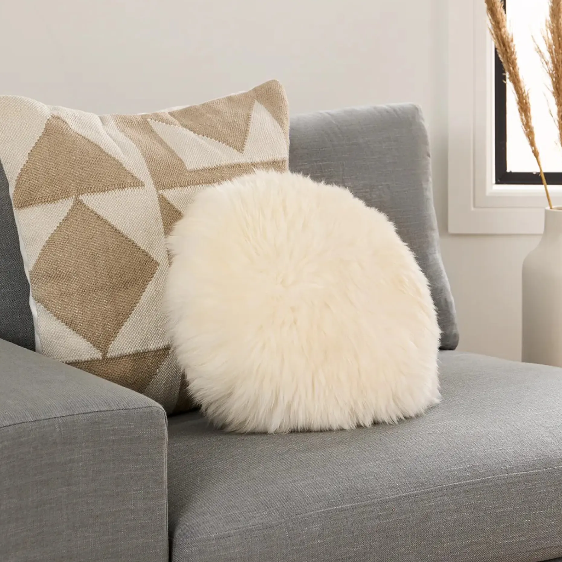 Lanna Round Sheepskin Pillow - Ivory