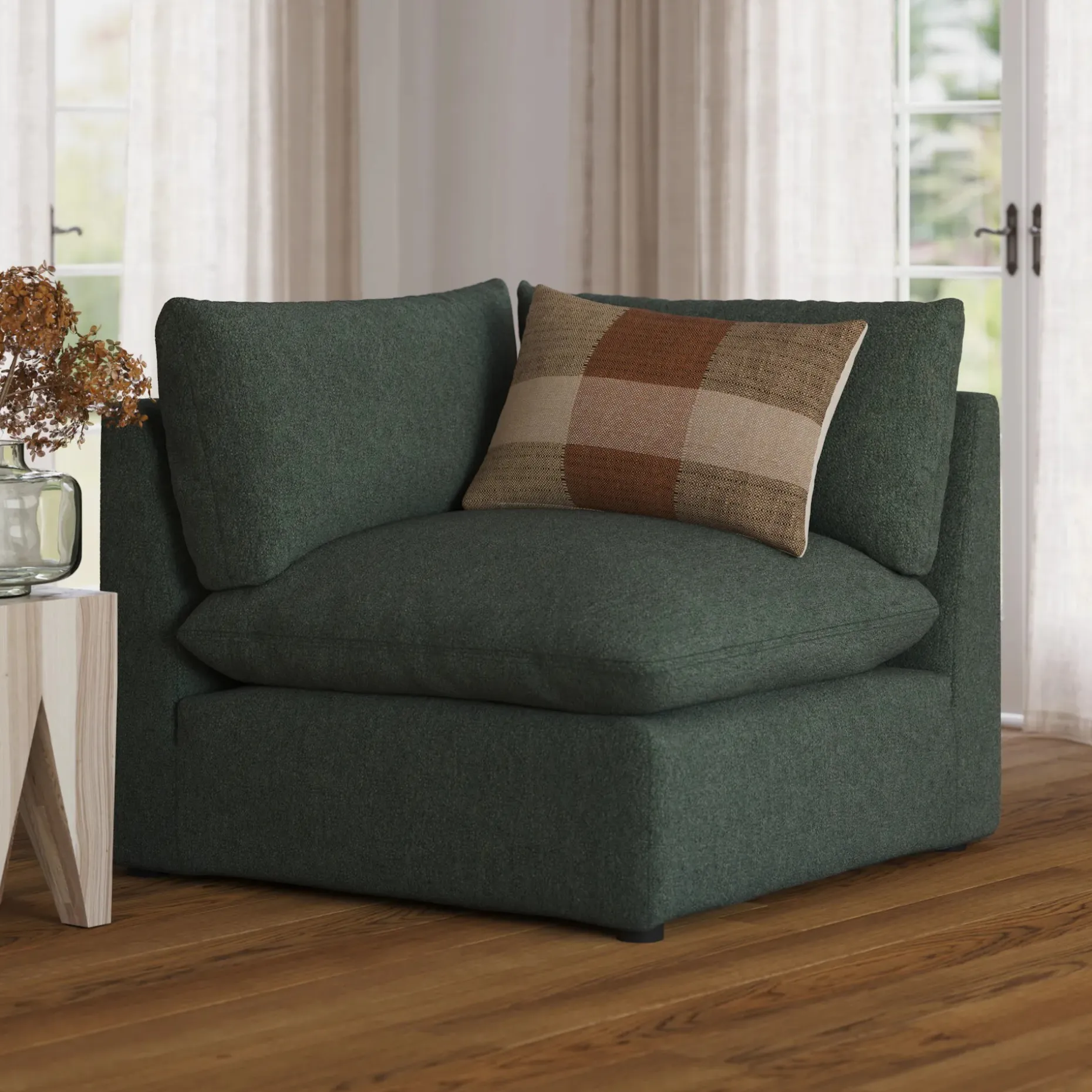 Leigh 41" Corner Chair Module - Green Wool Bouclé