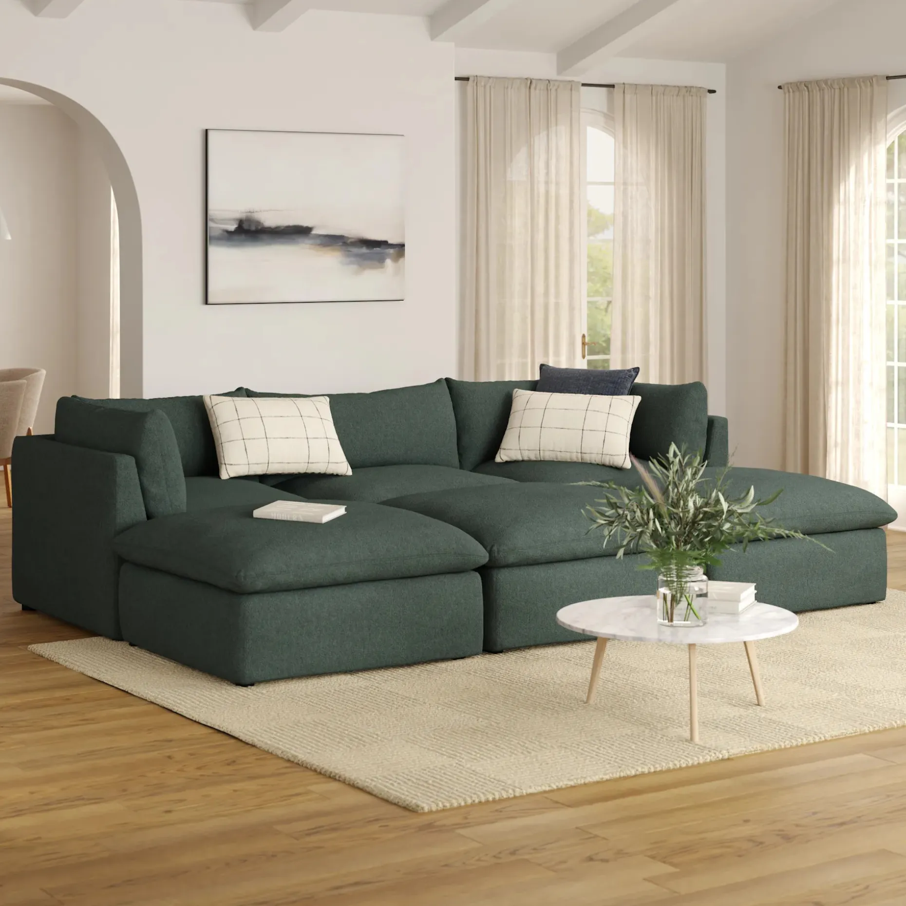Leigh 121.5" Modular Open Pit Sectional - Green Wool Bouclé