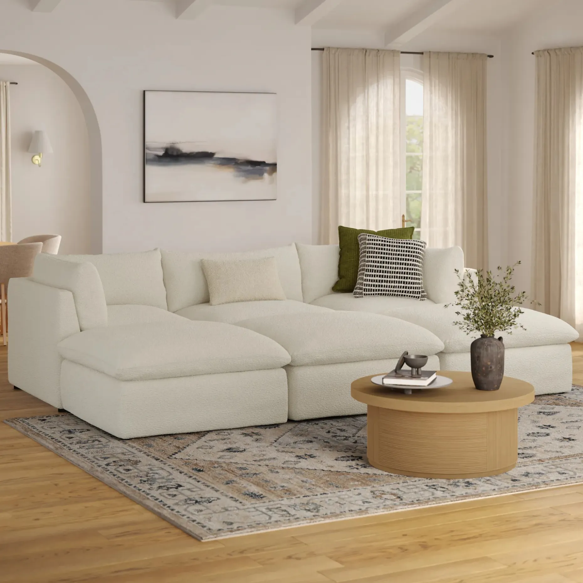 Leigh 121.5" Modular Open Pit Sectional - Ivory Wool Bouclé