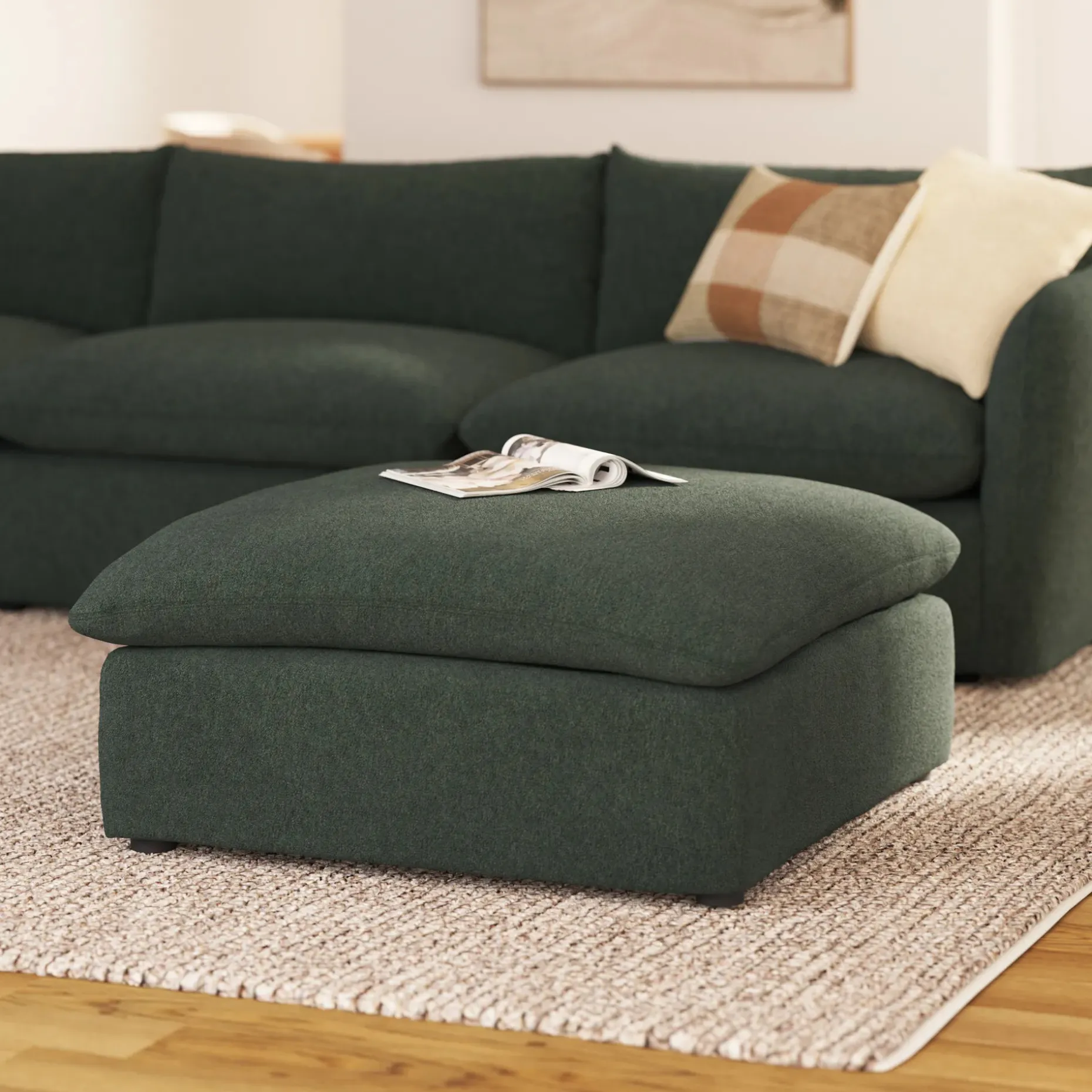 Leigh 41" Ottoman - Green Wool Bouclé