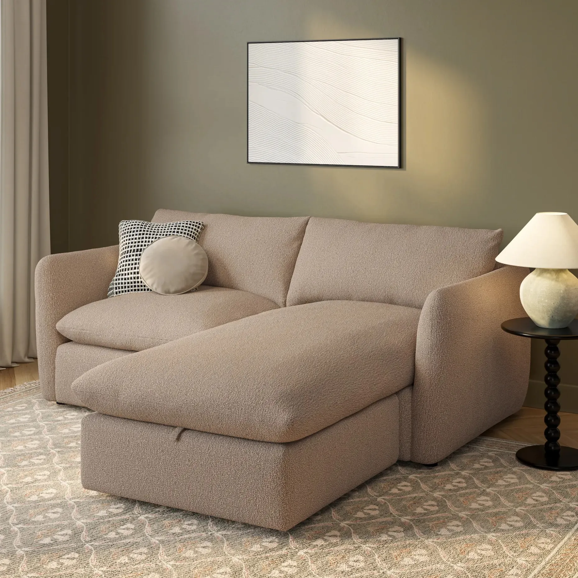 Leigh 86" Reversible Storage Sleeper Sectional - Sandstone Wool Bouclé