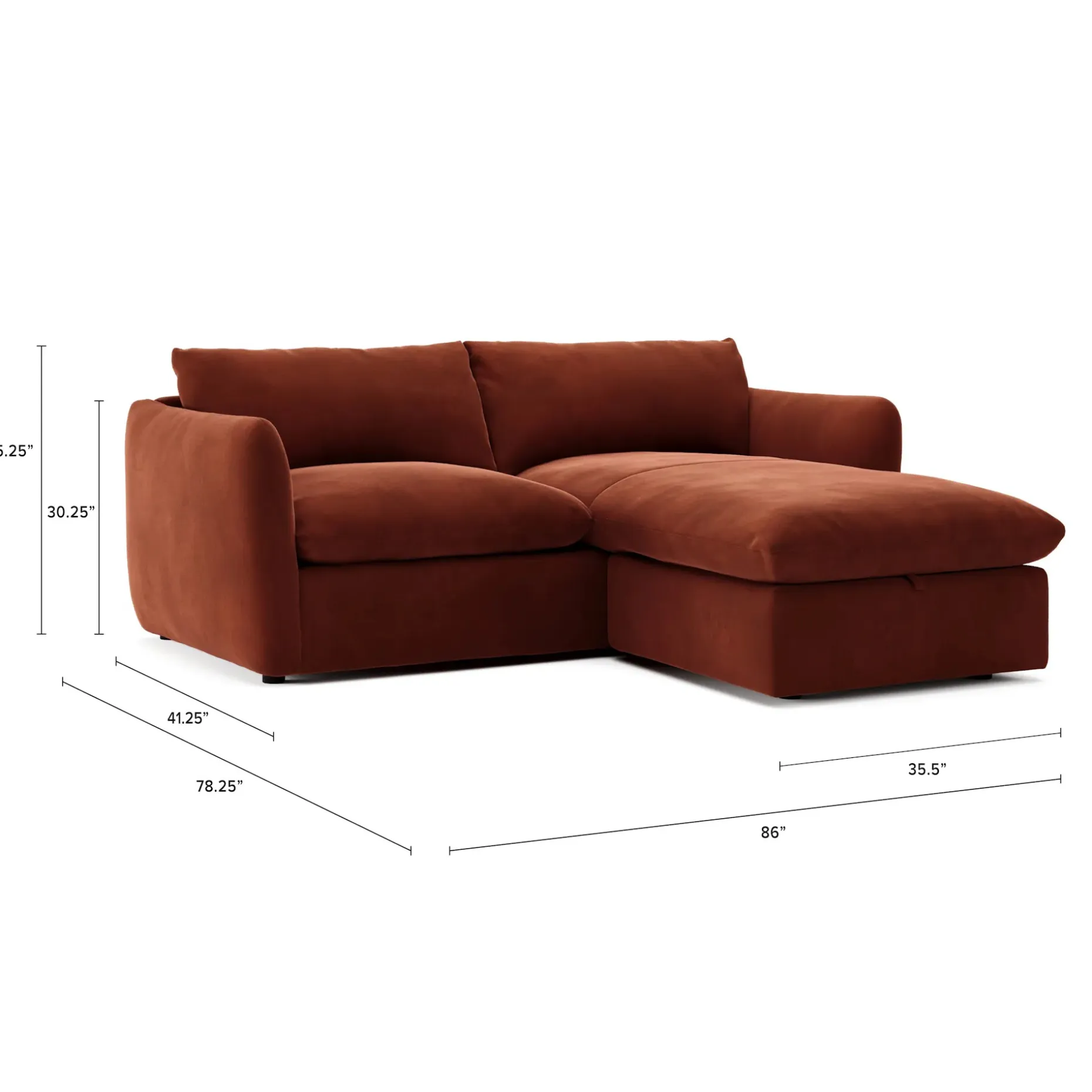 Leigh 86" Velvet Reversible Storage Sleeper Sectional - Hale Rust