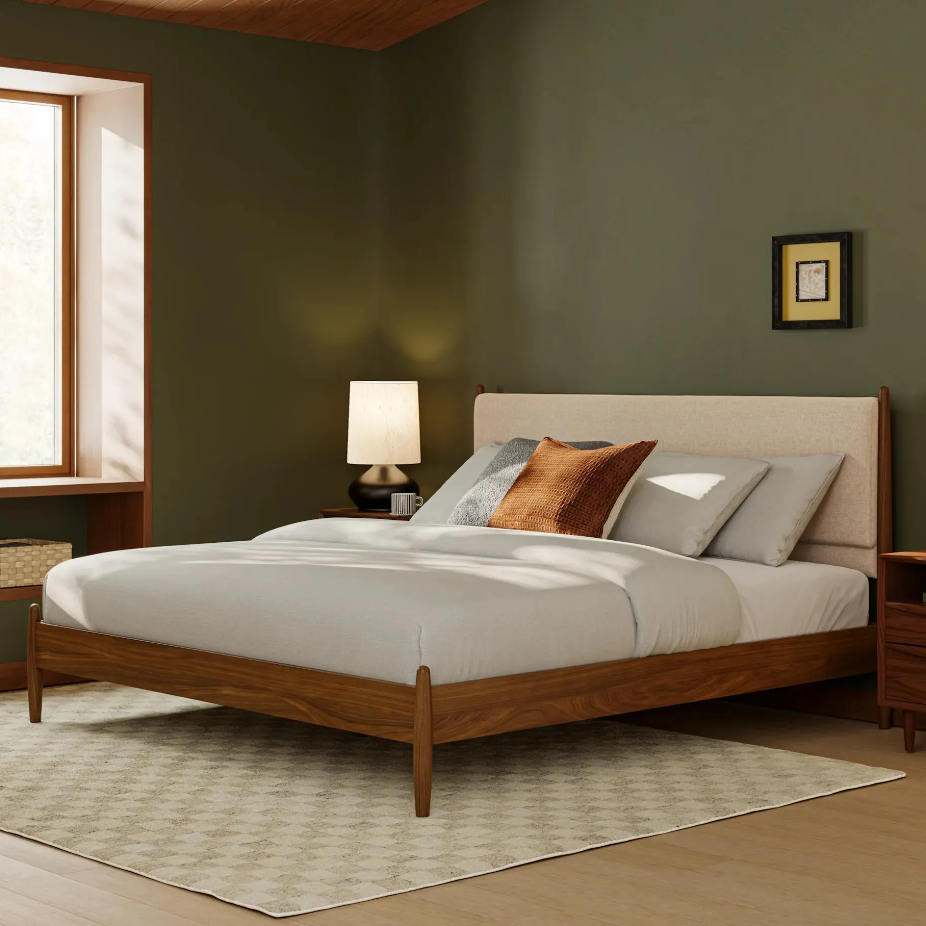 Lenia King Upholstered Bed - Walnut and Hestia Buff