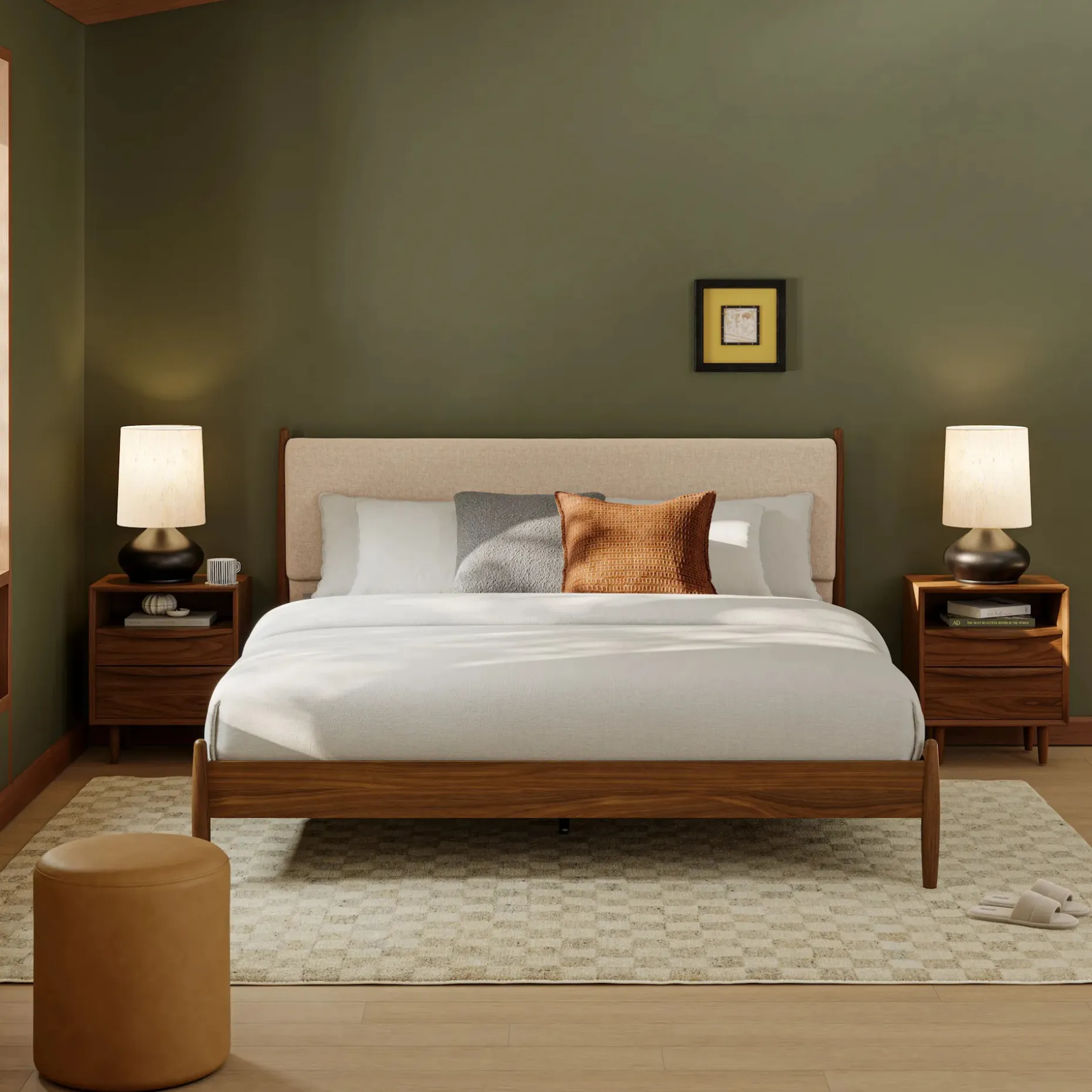 Lenia King Upholstered Bed - Walnut and Hestia Buff