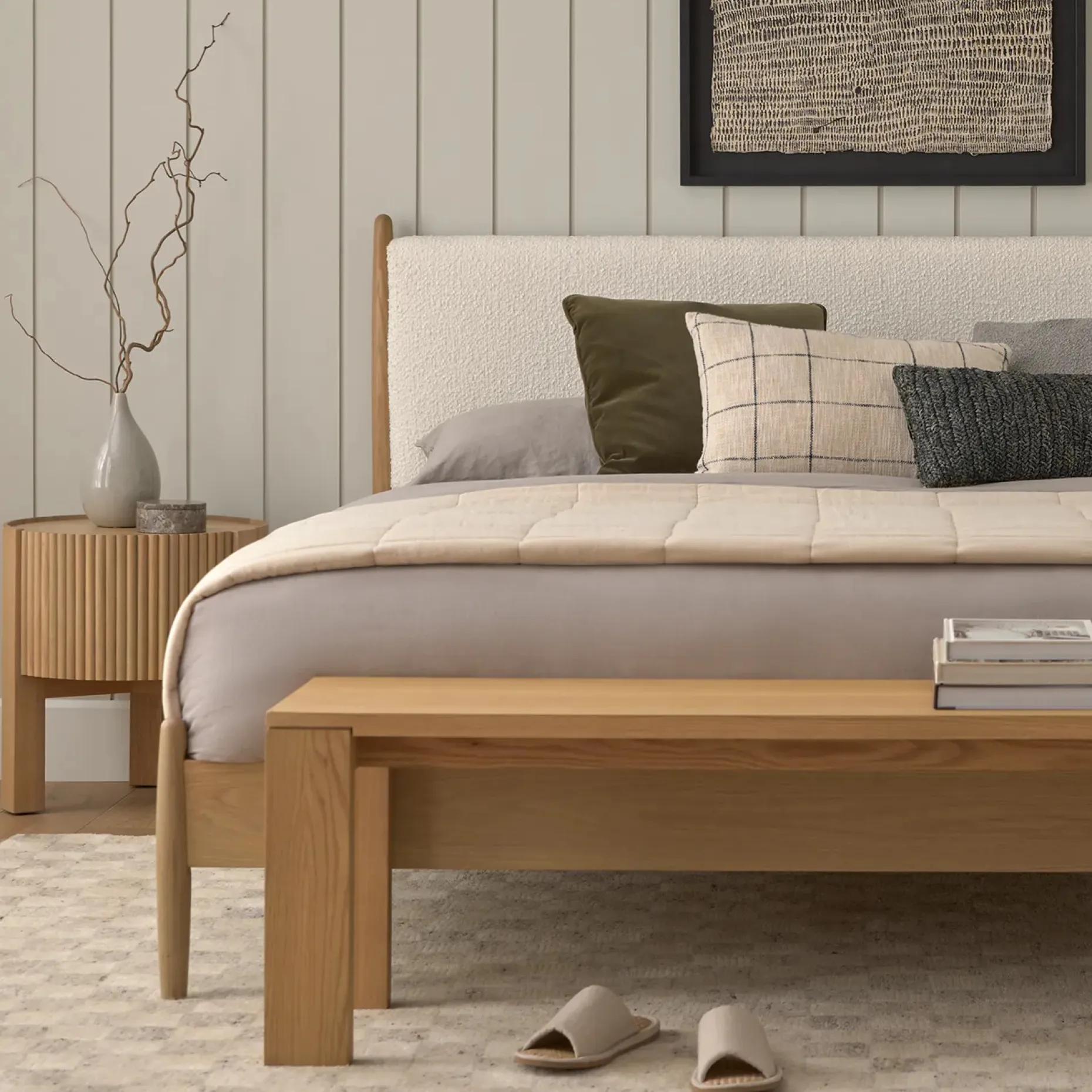 Lenia King Upholstered Bed - White Oak and Lunaria White Bouclé