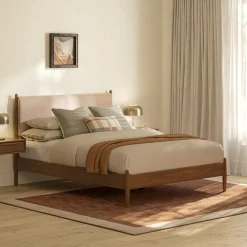 Lenia Queen Upholstered Bed - Walnut and Hestia Buff