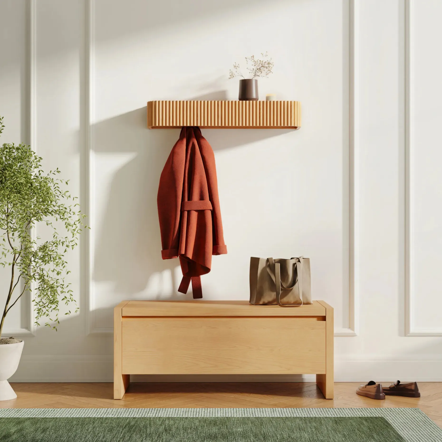 Liv 32" Shelf and Coat Rack - Brass and White Oak