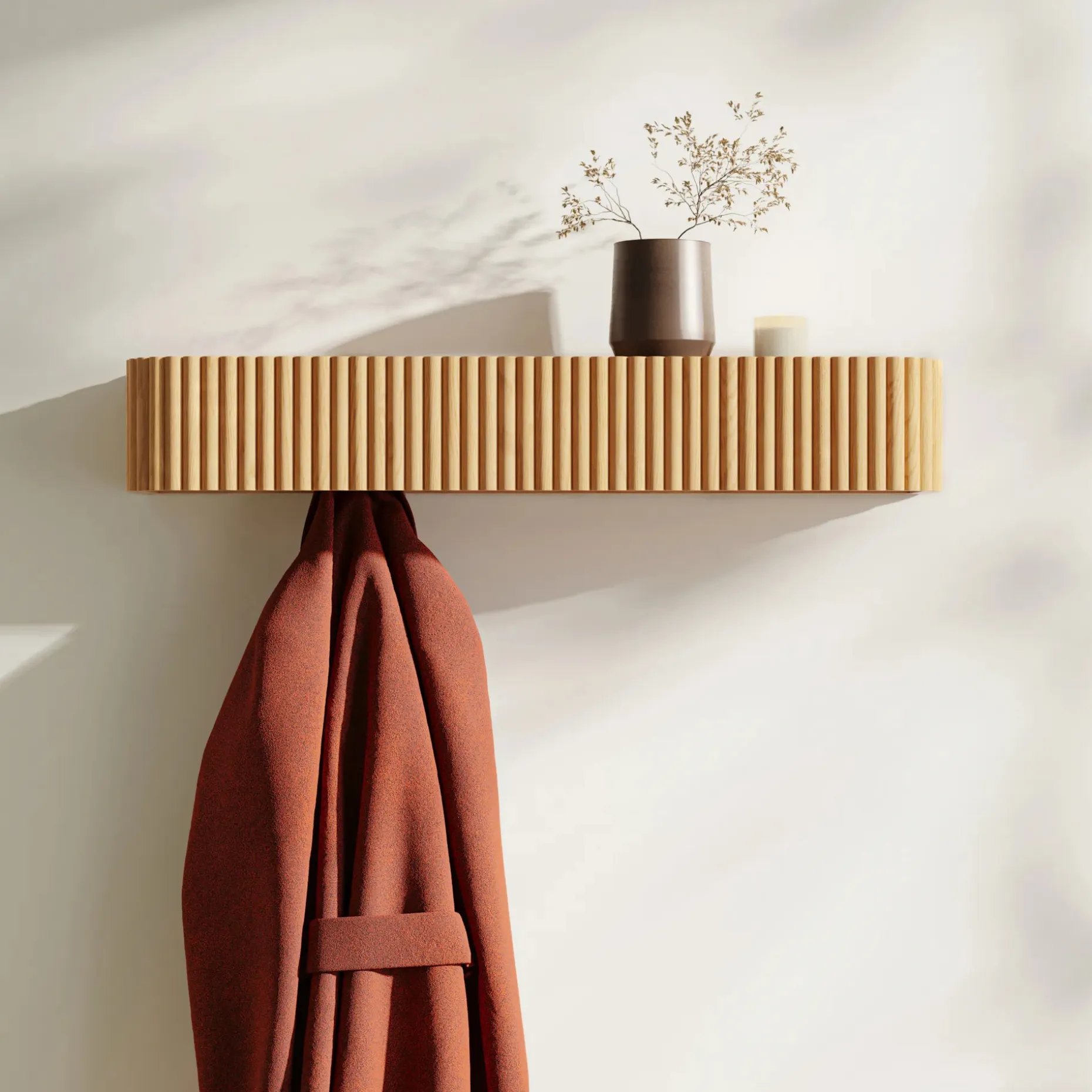 Liv 32" Shelf and Coat Rack - Brass and White Oak