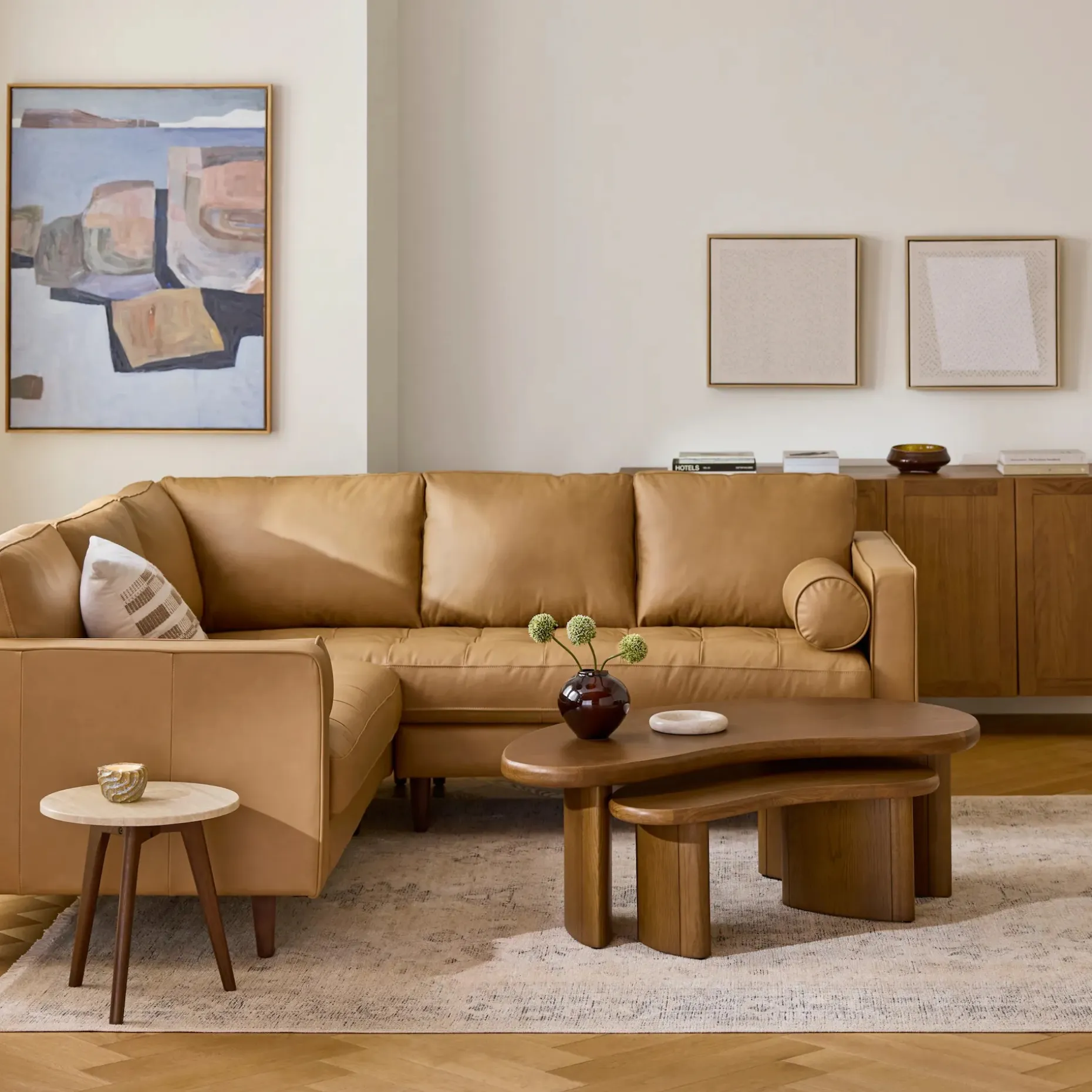 Mara Travertine Side Table - Walnut