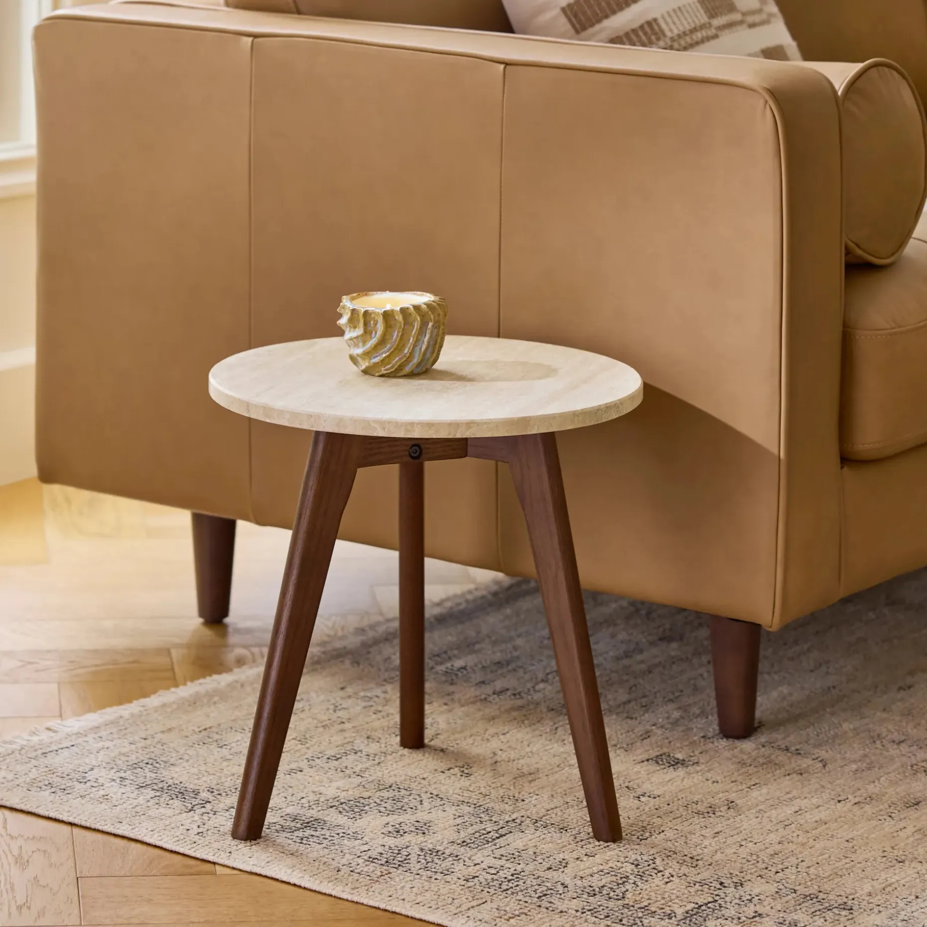 Mara Travertine Side Table - Walnut