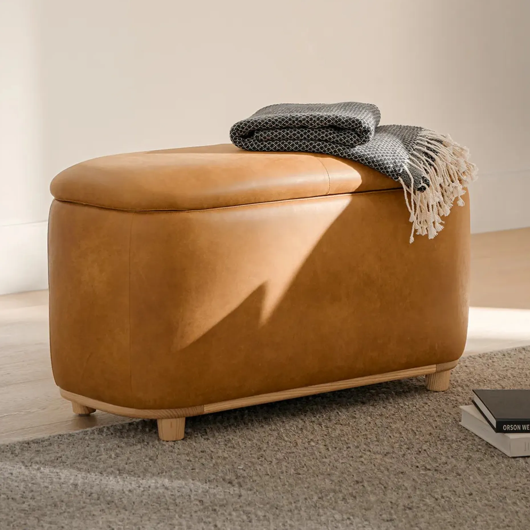 Maribo 32" Leather Storage Ottoman - Rawhide Tan