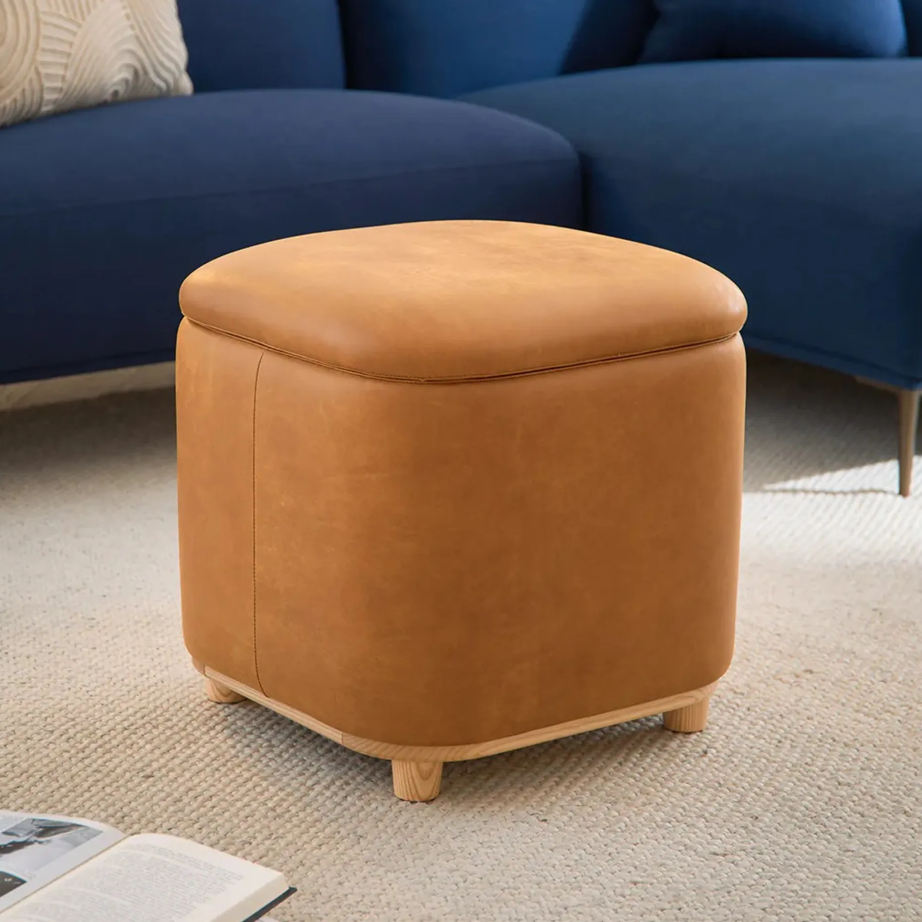 Maribo 19" Leather Storage Ottoman - Rawhide Tan
