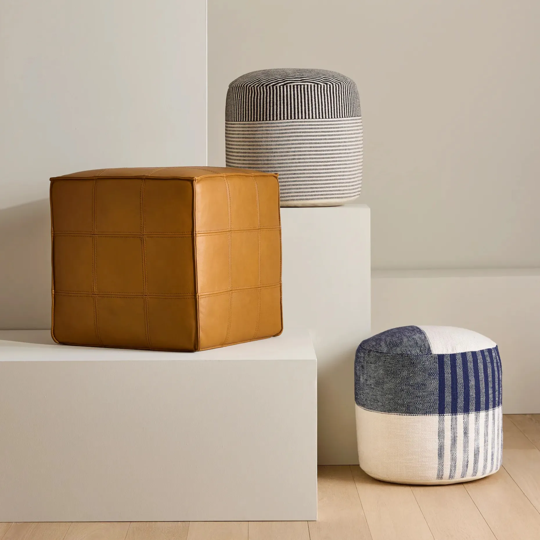 Nash 18" Leather Pouf - Taos Tan