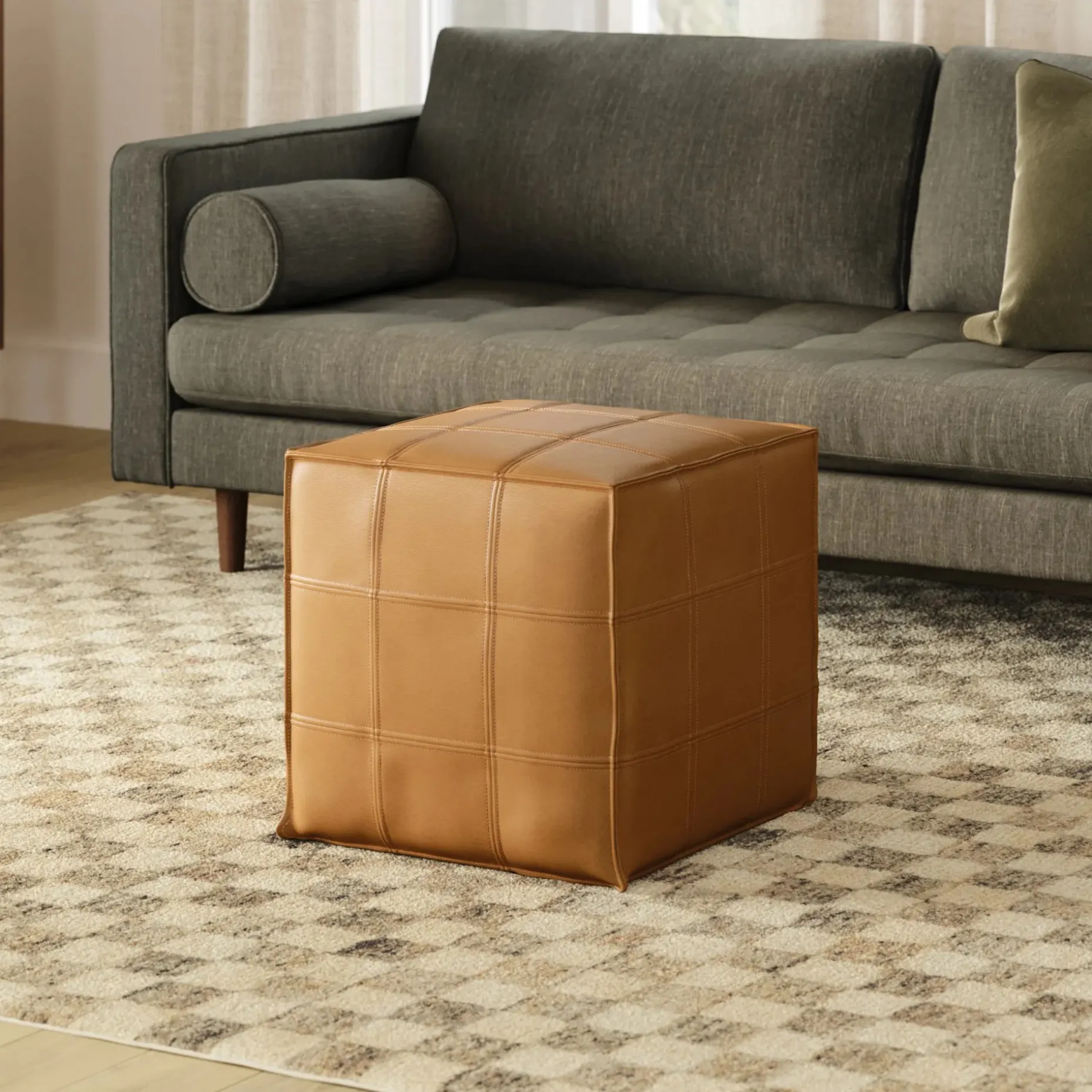 Nash 18" Leather Pouf - Taos Tan