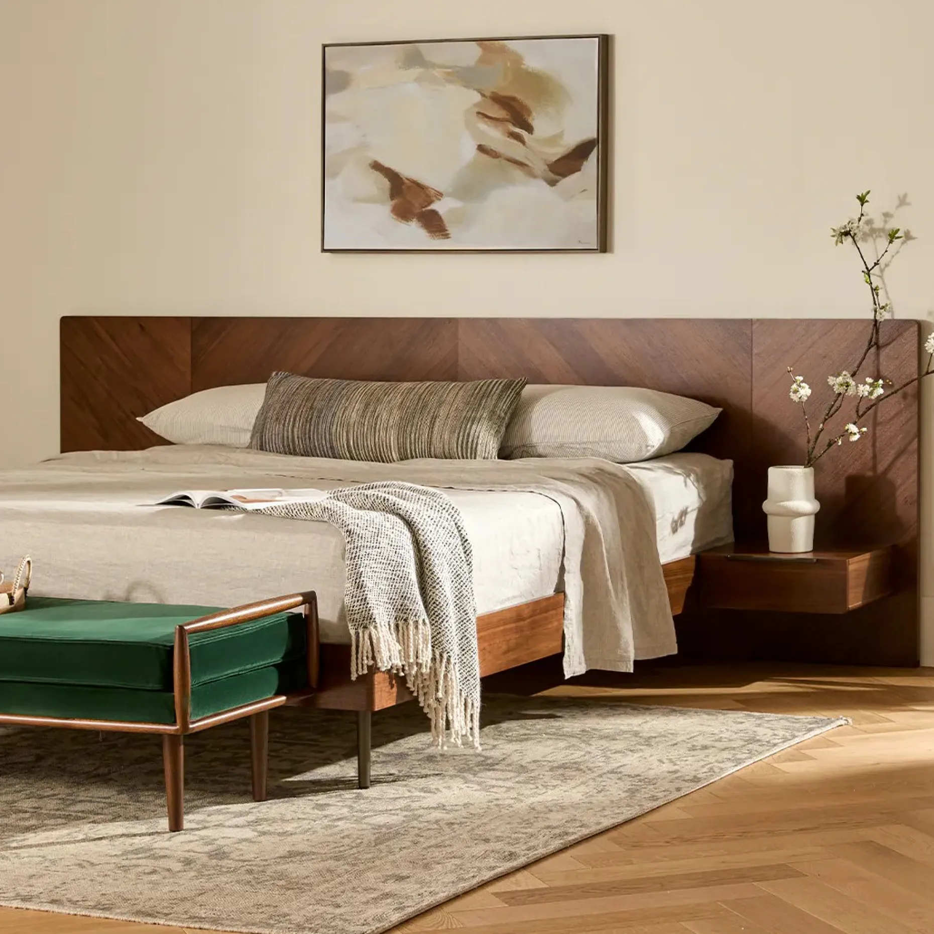 Nera California King Low Profile Bed with Nightstands Set - Walnut
