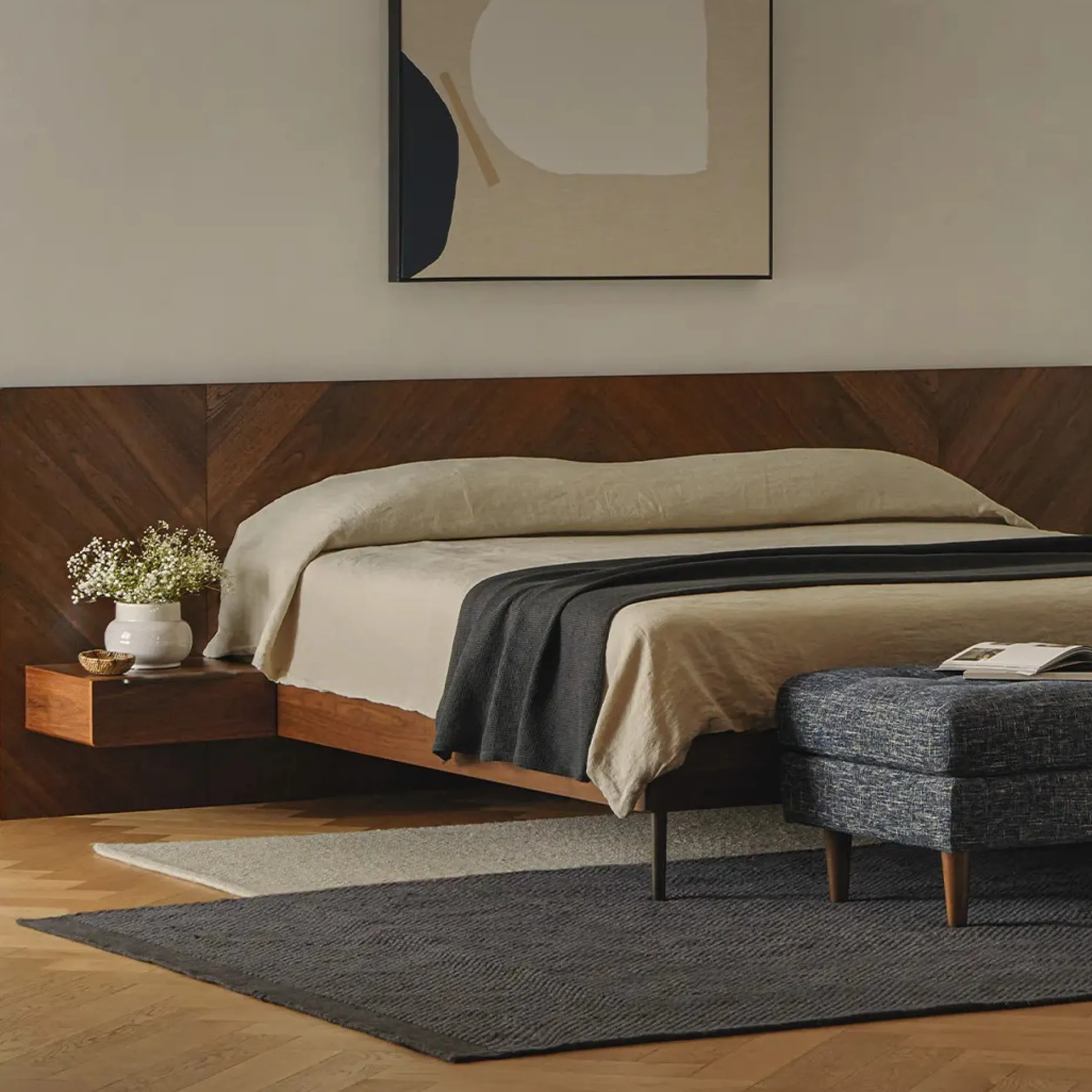 Nera King Low Profile Bed with Nightstands Set - Walnut