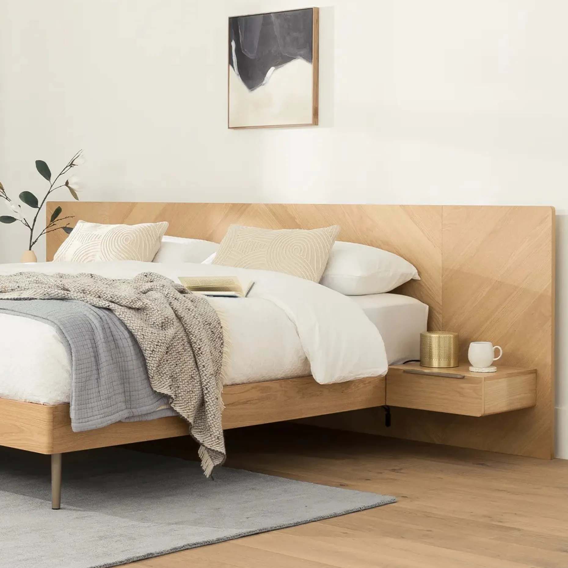 Nera King Low Profile Bed with Nightstands Set - Oak