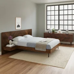 Nera Queen Low Profile Bed with Nightstands Set - Walnut