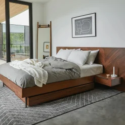 Nera Queen Low Profile Bed with Nightstands Set - Walnut