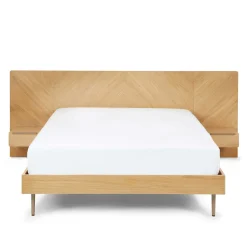 Nera Queen Low Profile Bed with Nightstands Set - Oak