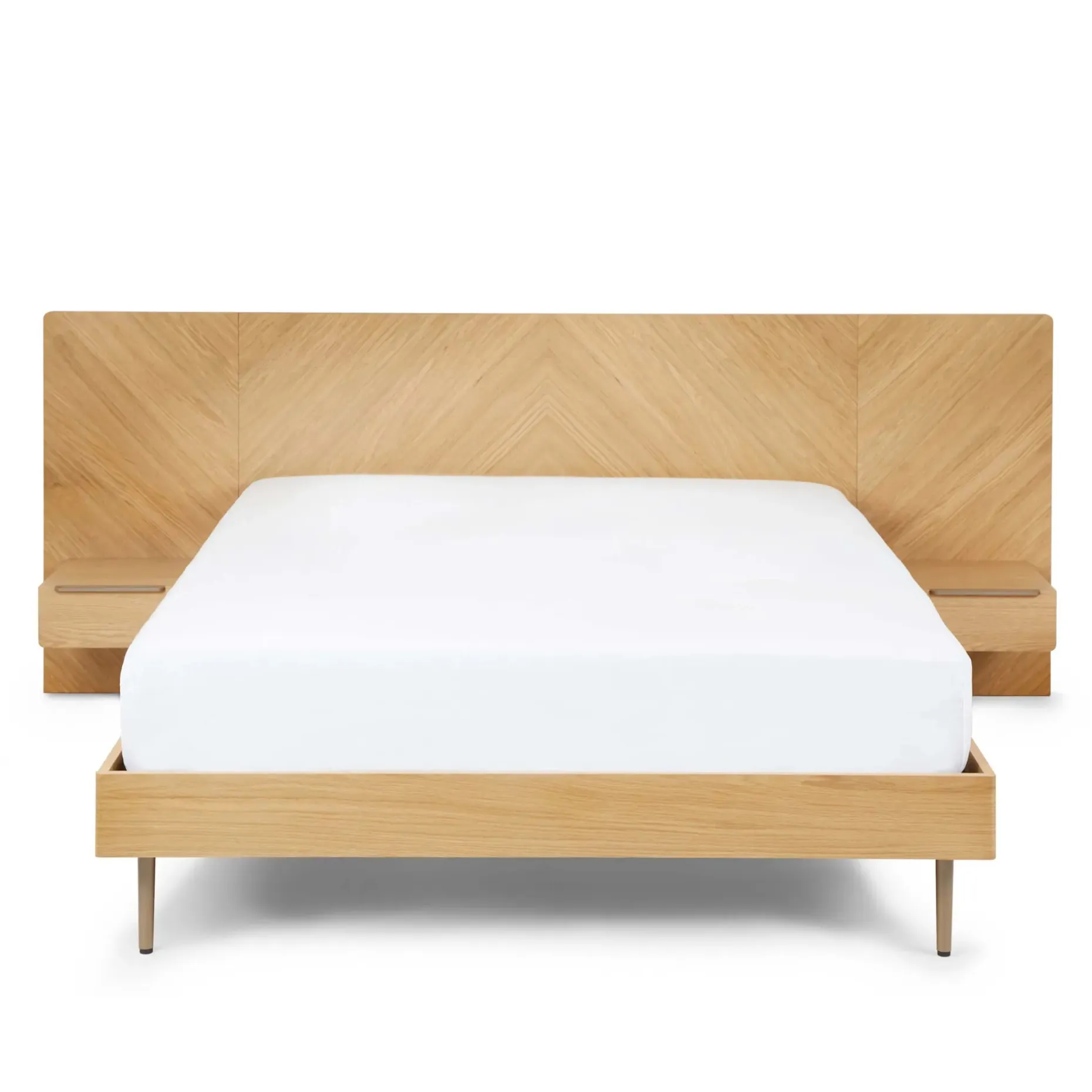 Nera Queen Low Profile Bed with Nightstands Set - Oak