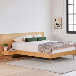 Nera Queen Low Profile Bed with Nightstands Set - Oak