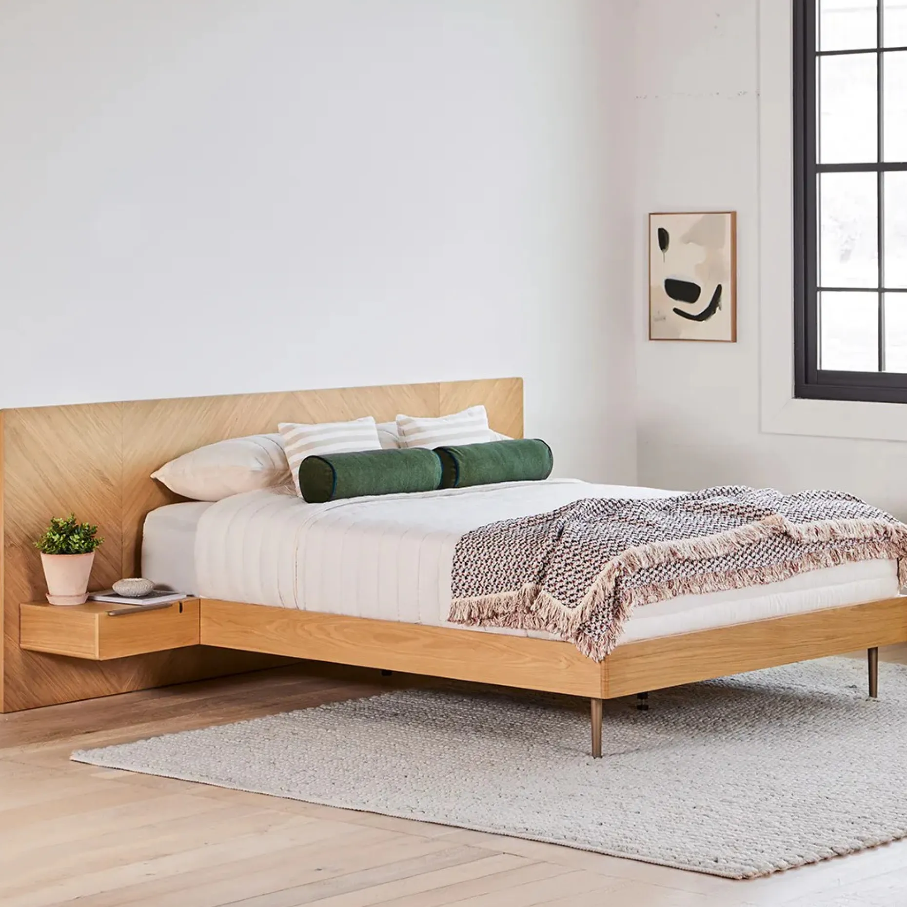 Nera Queen Low Profile Bed with Nightstands Set - Oak