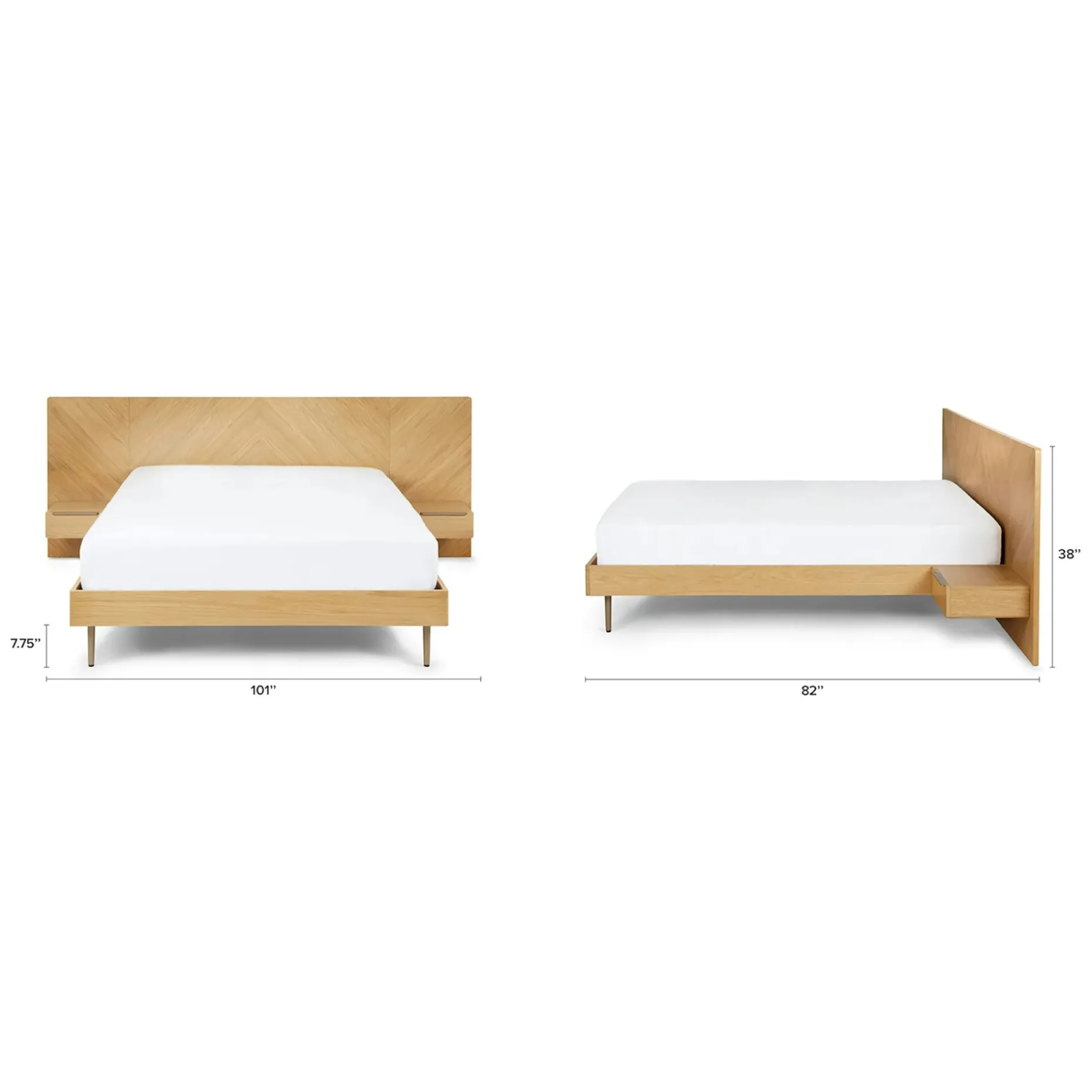 Nera Queen Low Profile Bed with Nightstands Set - Oak