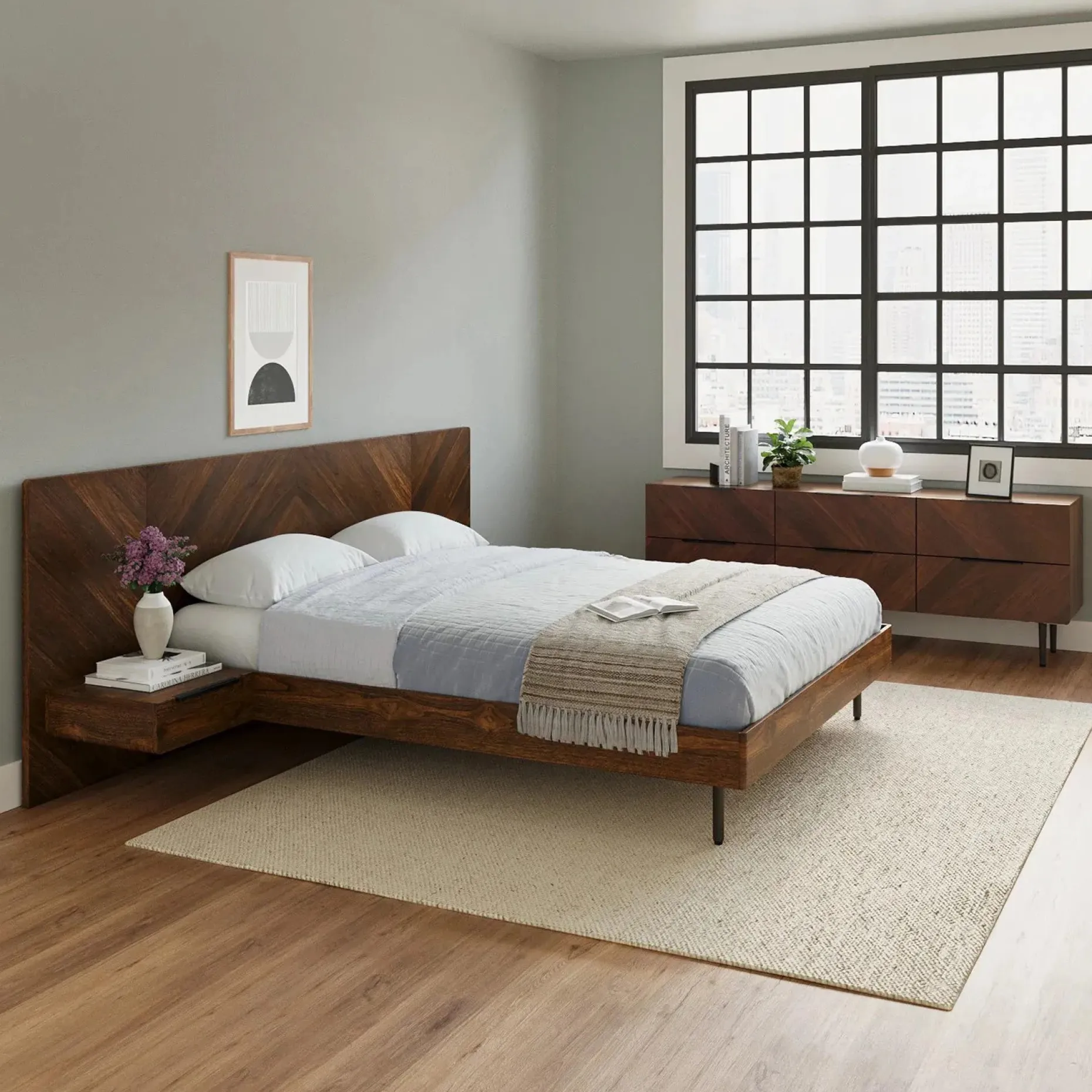 Nera Queen Low Profile Bed with Nightstands Set - Oak