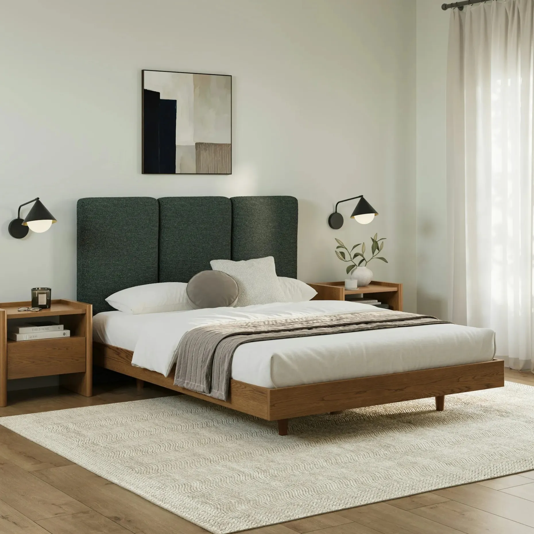 Noel Queen Headboard - Green Wool Bouclé