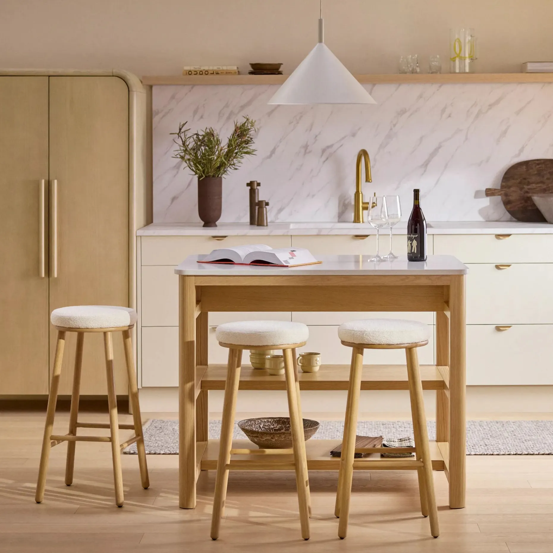 Nurmi Counter Stool - White Oak and Ivory Wool Bouclé